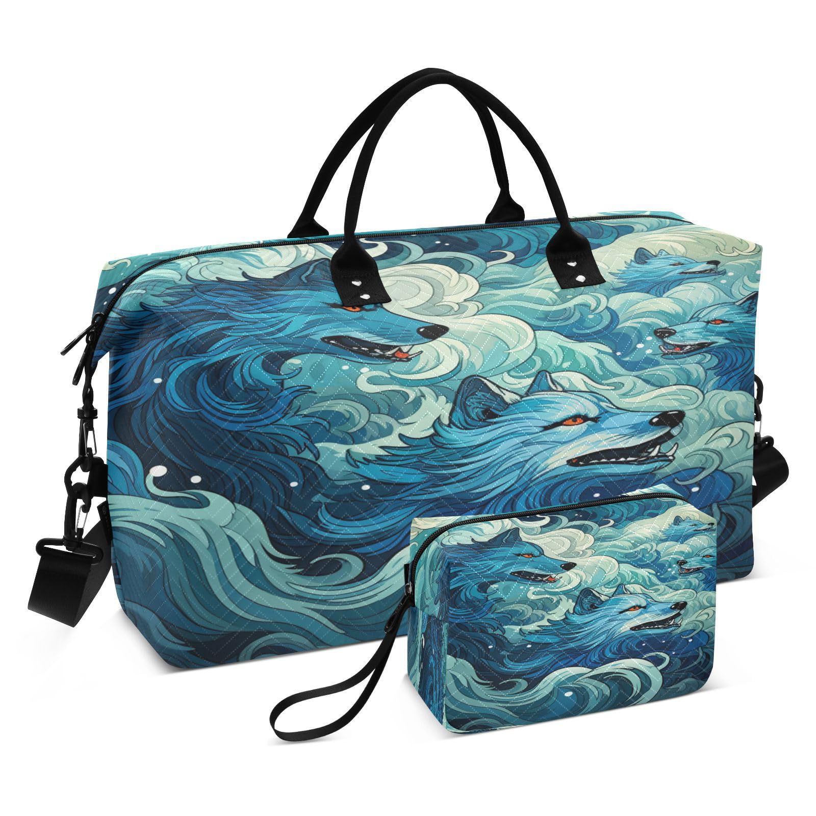 Abstract Wolves Pattern Sports Swim Gym Bag Weekender Duffel Travel Bags Handbag with Makeup Storage Bag for Girls Men