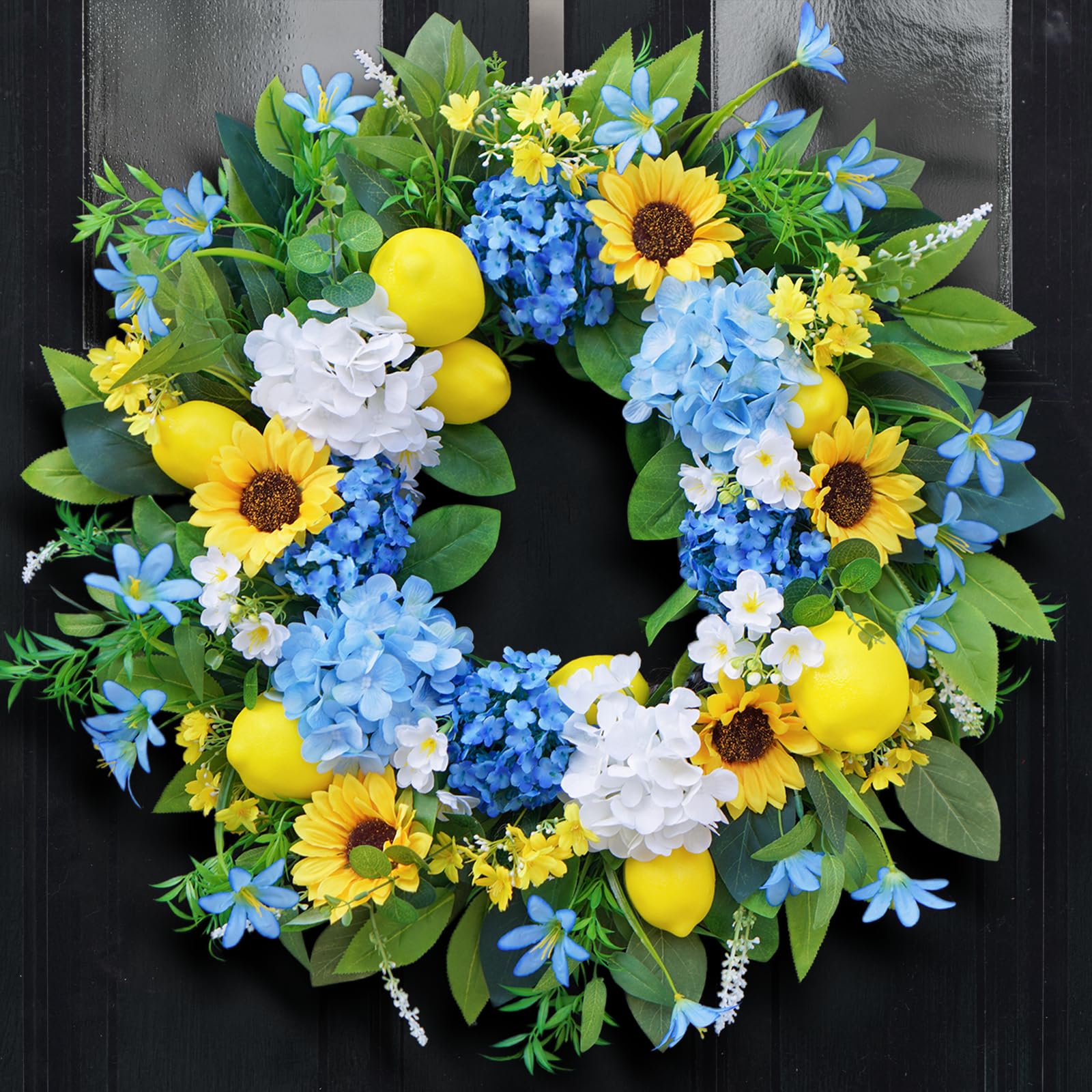 Photo 1 of 24in Spring Summer Wreaths for Front Door, Artificial Sunflower Lemon Wreath with Blue Hydrangeas, Luxury Colorful Floral Wreath for Indoor Outdoor Farmhouse Home Wall Porch Window Summer Wreath