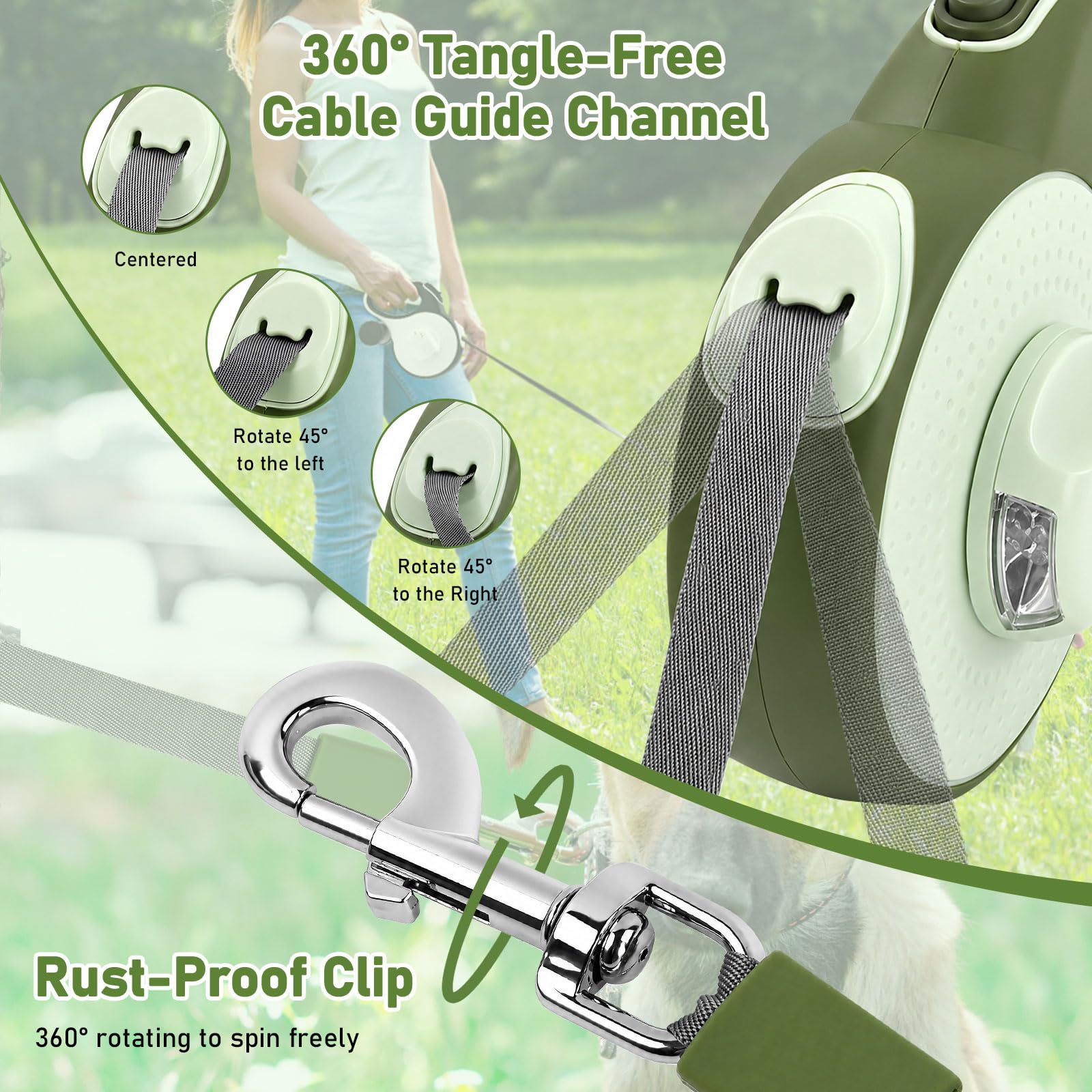 Laisse Chien Enrouleur,Laisse Flexi 8m,360° Anti-nœuds,avec Un Boutton S'arrêter Bloquer,Lampe LED,Porte-Sacs à Déjections Canines,Jusqu'à 35 kg,pour Petit, Moyen et Grand Chiens (Vert)
