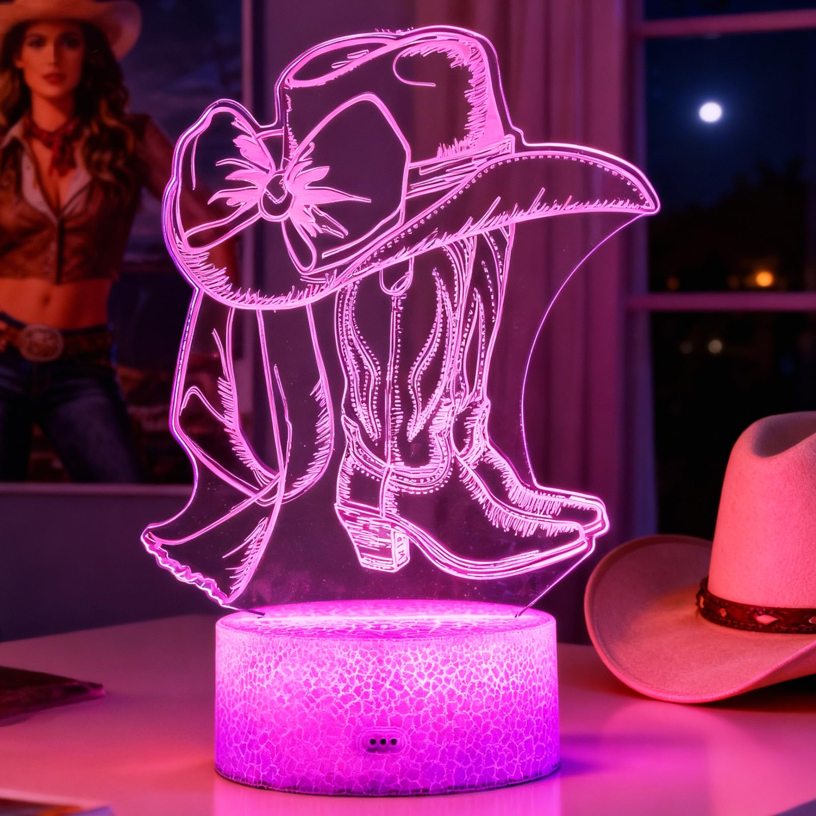 POSSHE Cowgirl Gifts, Cowgirl Night Light, 3D Illusion Lamp with 16 Colors Changing, Timer, 4 Flash Modes and Dimmer with Remote Control, Western Room Decor for Holiday Birthday Christmas