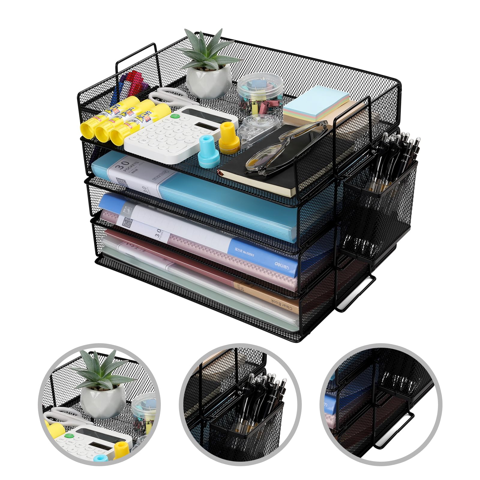 Cinnani Stapelbare Briefablage Mit Stifthalter aus Metall,4Etagen,Dokumentenablagen,A4Ordnern,Briefen,Papier,Metall Schreibtisch Organizer Tablett (Schwarz)