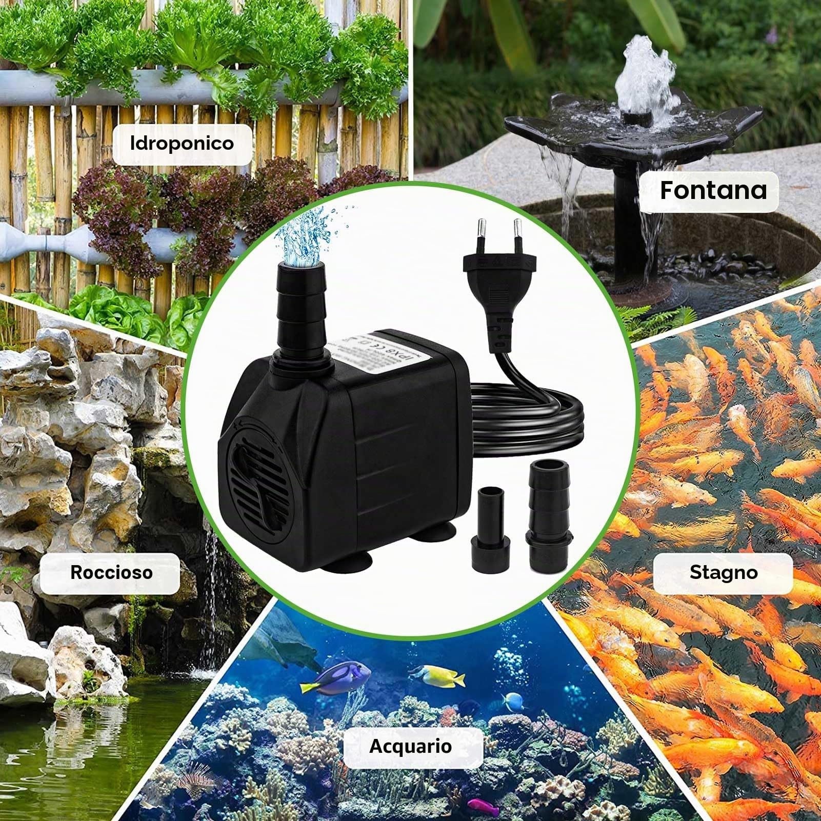 Mini pompa dell'acqua (600 L/H, 10 W), per acquario ultra silenziosa con sollevamento, per fontane, con cavo di alimentazione da 1,5 m, 2 ugelli, per statue, idroponica