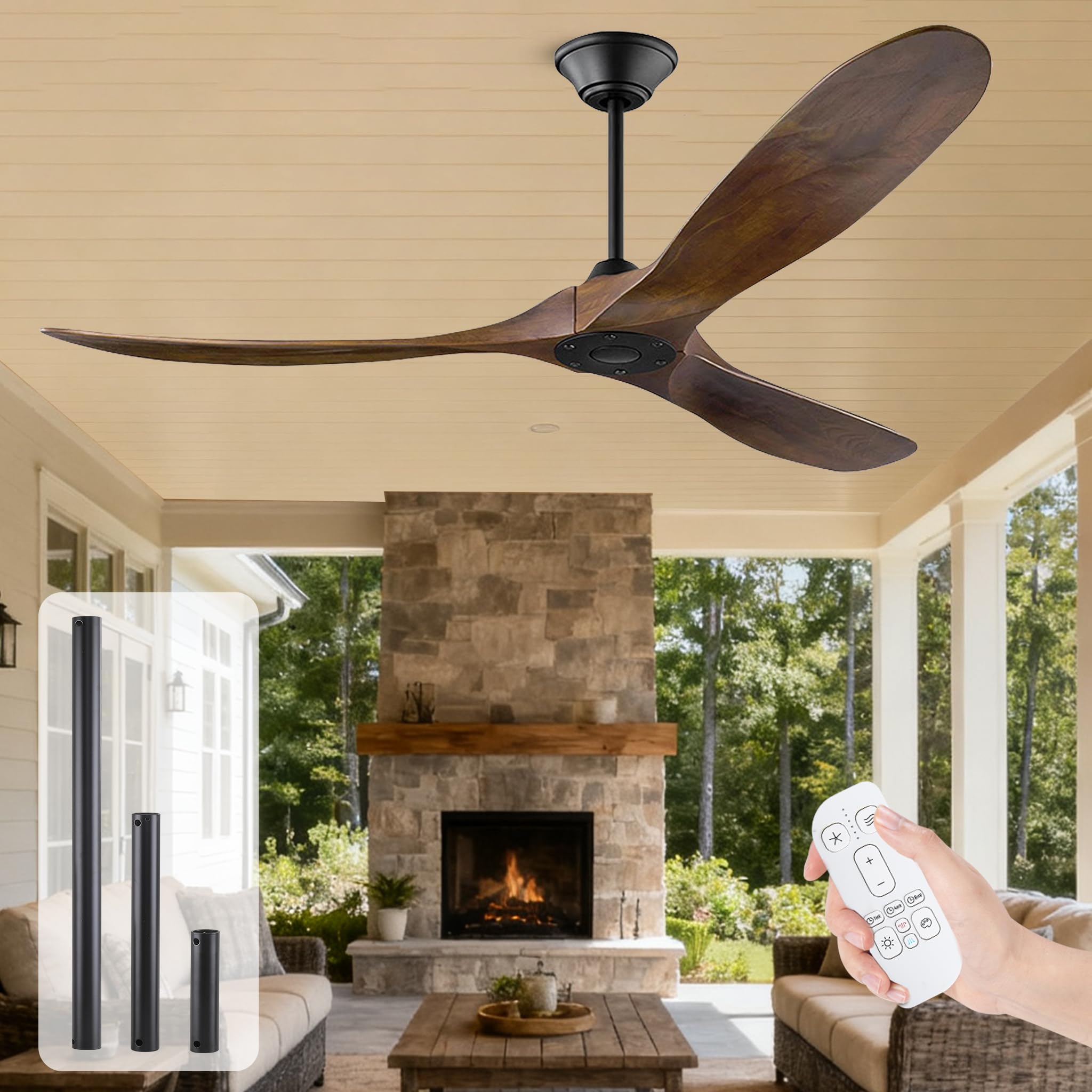 Ventilador de Techo con Mando a Distancia,Ventilador de Techo sin Luz Silencioso,152cm de Diámetro,3 Aspas de Madera,Motor de CC,6 Velocidades,Temporizador,Función Verano-invierno,Nogal