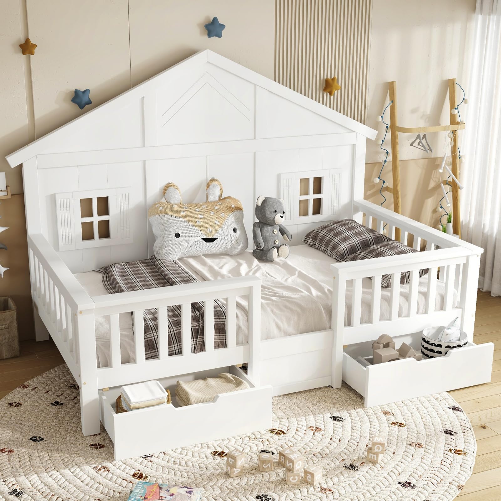 Sweiko Lit pour Enfant de 90 x 200 cm, Cadre de lit en Bois Massif avec barrières de sécurité, tiroirs à roulettes et décor en Forme de Maison, sans Matelas