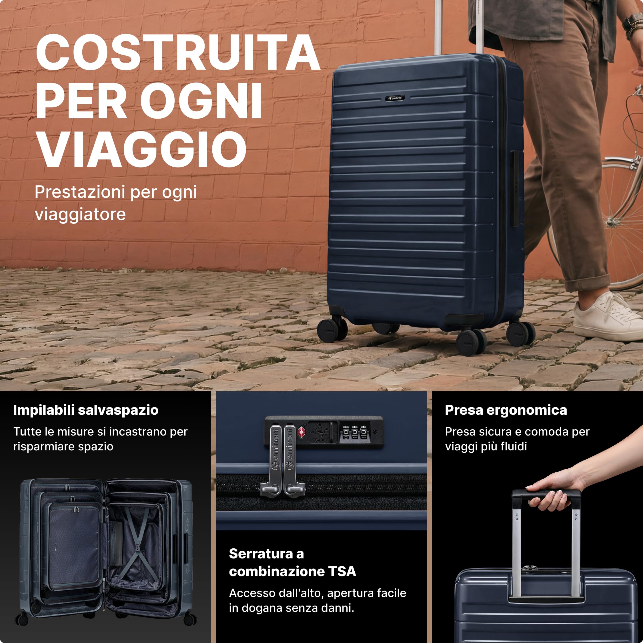 Eminent Voyager Valigia Trolley Bagaglio a Mano 55x40x20, Espandibile | Valigia cabina rigida, policarbonato Makrolon, 2,7 kg, 39L, espandibile 55x40x20/23, lucchetto TSA, 4 ruote, Nero