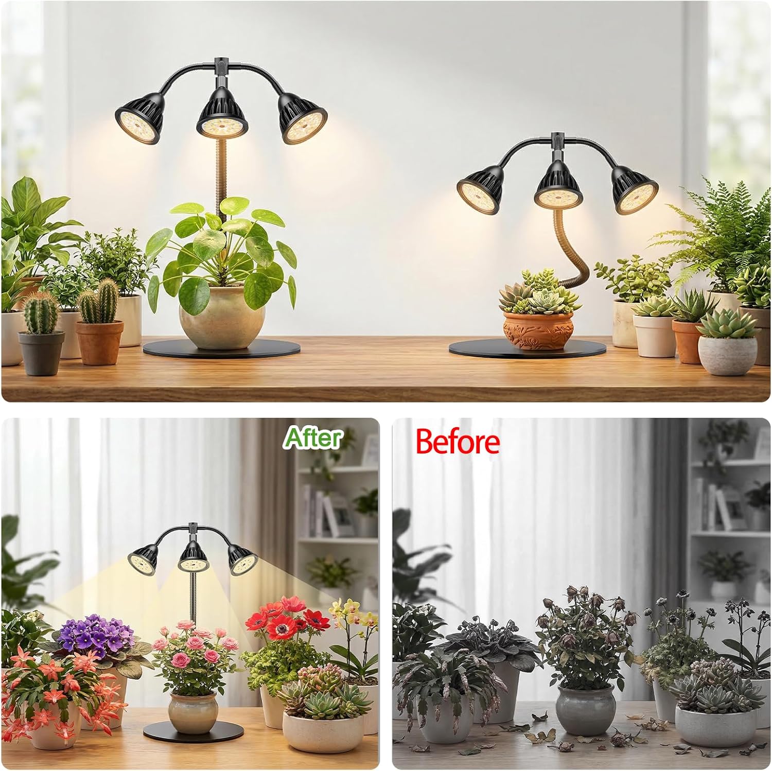QCQHDU Grow Lights for Indoor Plants Full Spectrum,81 LED Triple-Bulb Plant Growing for Seed Starting Lamp with 3/9/12H Timer,Adjustable Gooseneck with Base,3 Switch Modes