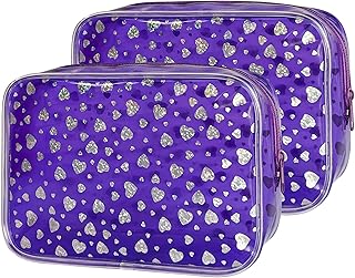 Neon 2set TSA Approved Clear Toiletry Pouch, 7"x2.3"x4.7" Size, PVC Travel Makeup Bags for Toiletries, Transparent Cosmetic Bag for Women and Men Small (Heart +Purple)