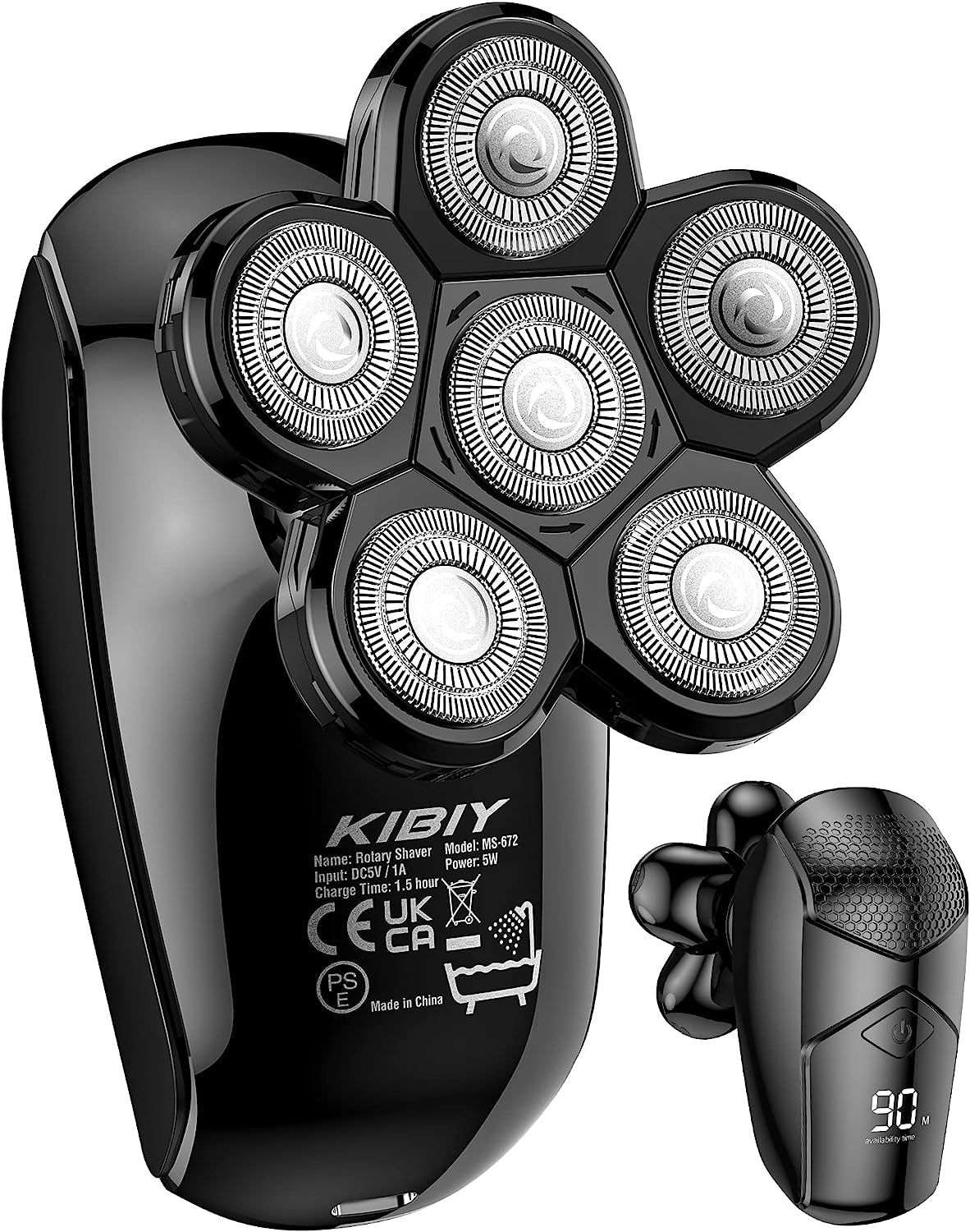 Maquinilla de afeitar cabeza calva, Kibiy 5 en 1 LED maquinilla de afeitar cabeza con 6 cabezales de afeitado giratorios, 100% impermeable maquinilla de afeitar cabello hombre cabeza calva, recargable