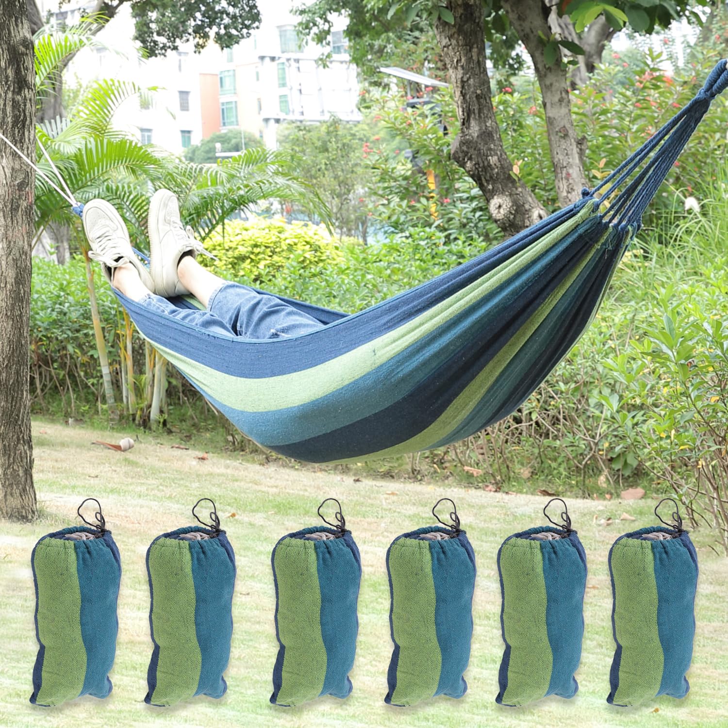 Kuber Industries Canvas Travel Hammock |Garden Hammock Swing for Adults|160 KG Load Bearing Capicity|Including 2 Rope, 1 Bag (Blue & Green) | (Pack of 6)