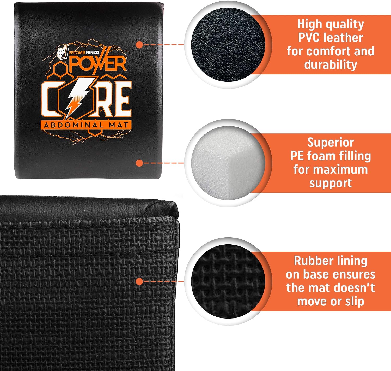 Epitomie Fitness Power Core Ab Mat – Portable Back Support Sit Up Pad – No Slip Ab Mats for Sit Ups & Crunches - 12x14.5x2.75” Abmat Sit Up Mat