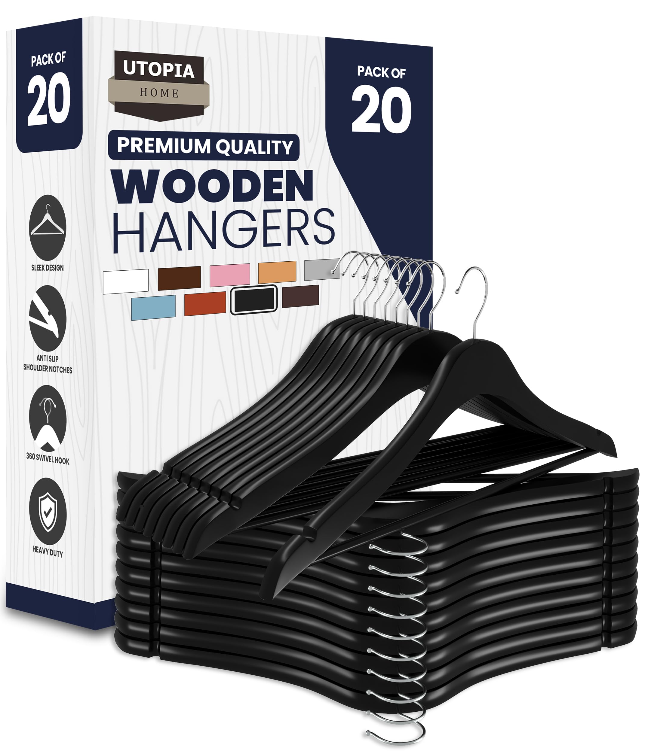 Utopia Home 20er Pack Holzbügel mit Hosenstange und Schulterrillen, stabiles und schlankes Design für Mäntel, Anzüge, Hosen und Jacken