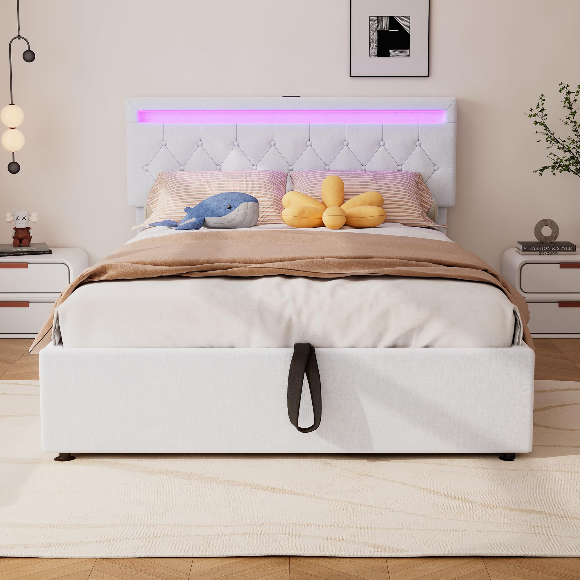 LAKFEW Cama Matrimonio Cama 140x200 cm con USB y LED, Camas Matrimoniales con Almacenamiento Hidráulico, Camas Juveniles Cama Doble con Cabecero Ajustable y Somier Metálico, Lino, Blanco, Sin Colchon