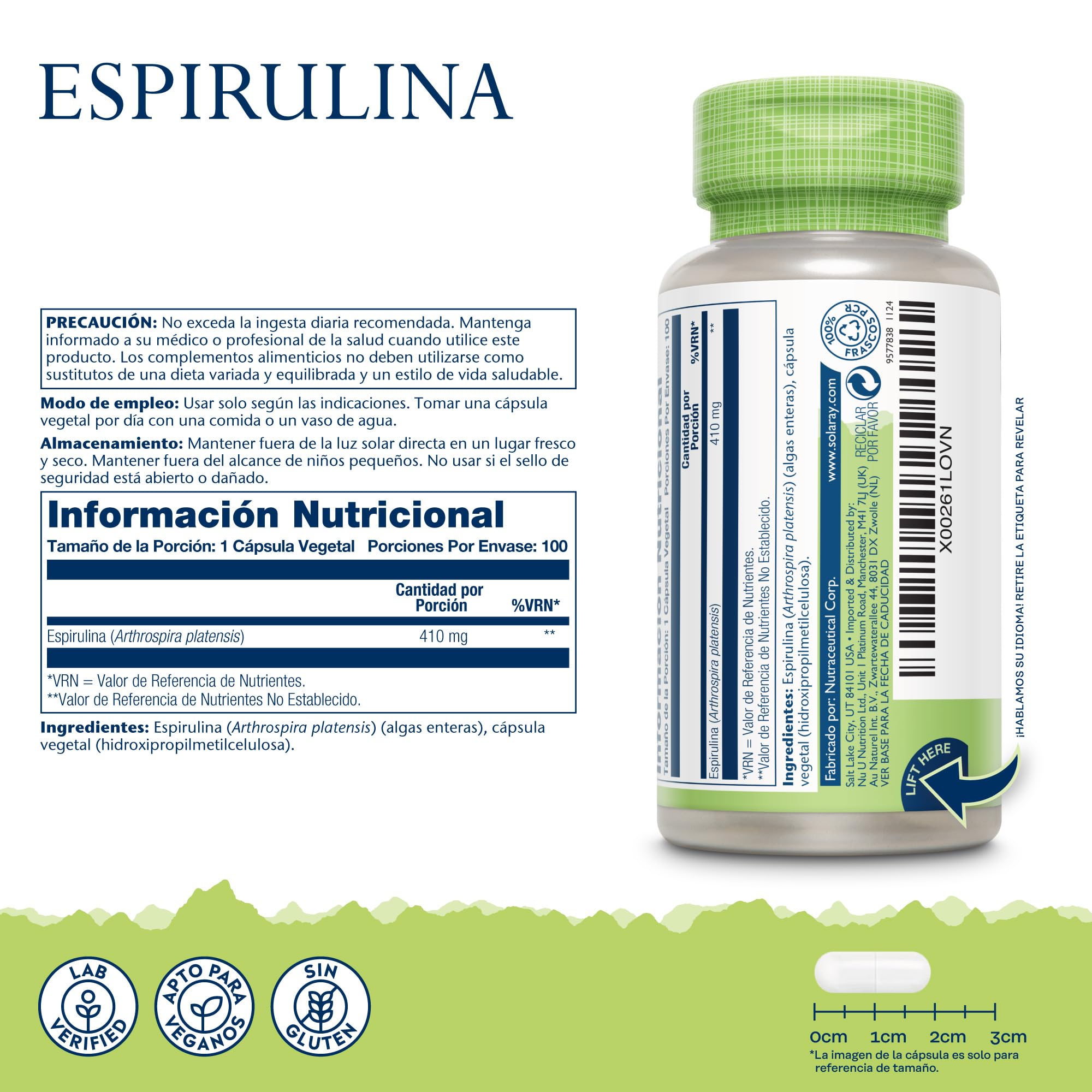 Algas espirulina – 100 cápsulas veganas, no tabletas ni polvo, suplemento de espirulina de alta resistencia con vitamina A añadida de 70 mcg, verificado en laboratorio Solaray