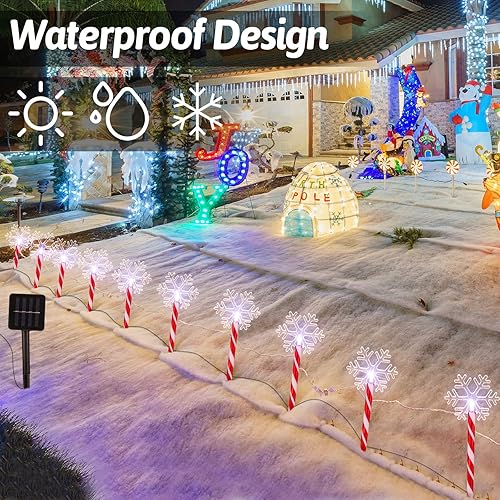 Miniatura 4 de 10 luces solares de Navidad con forma de copo de nieve de 17.7 pulgadas, impermeables, luces LED de caramelo de Navidad, luz solar de copo de nieve