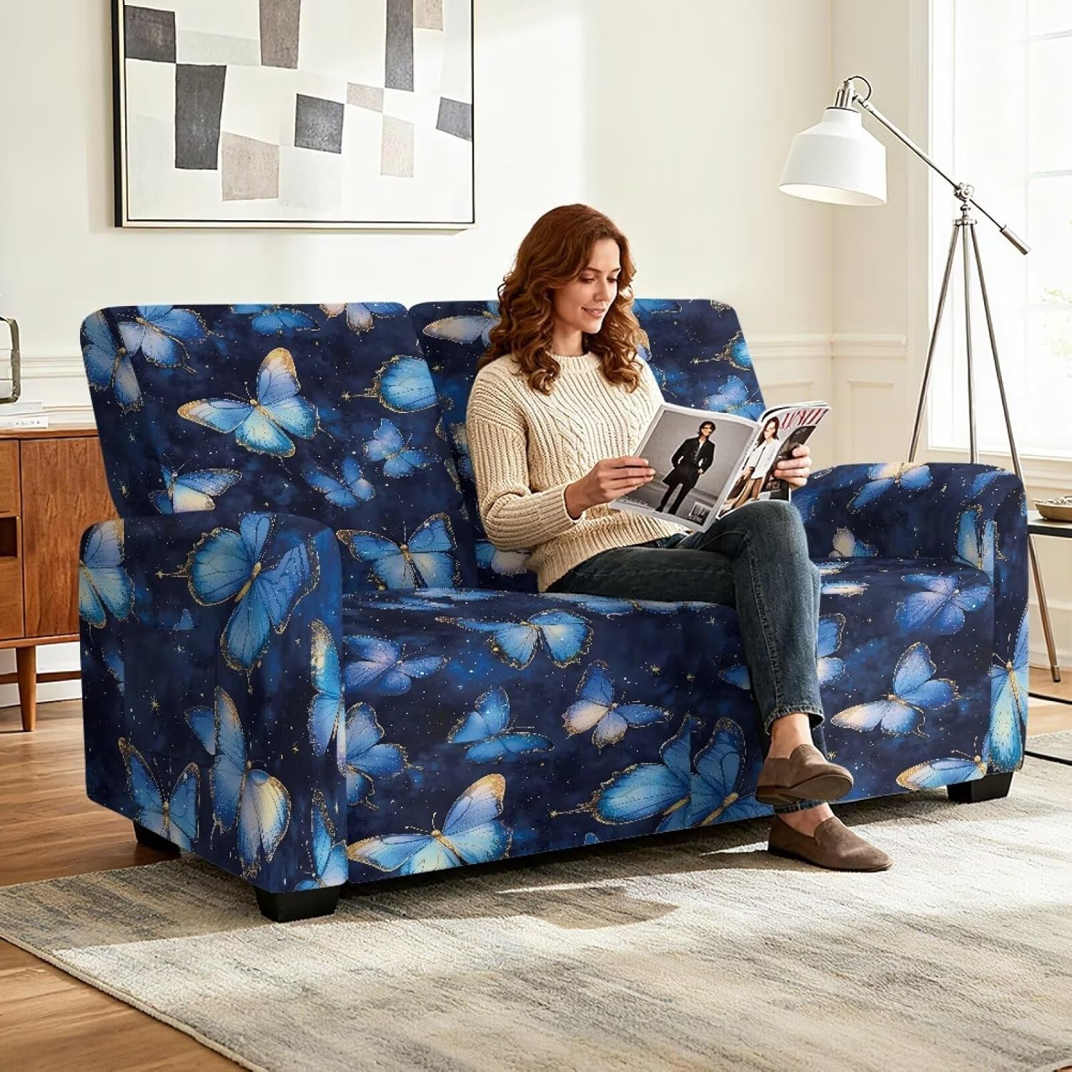 Butterfly Double Recliner Covers Washable Lazy Boy Recliner Slipcovers Dark Blue Reclining Loveseat Covers 2 Seater Animal Scratching Proof Sofa Cover
