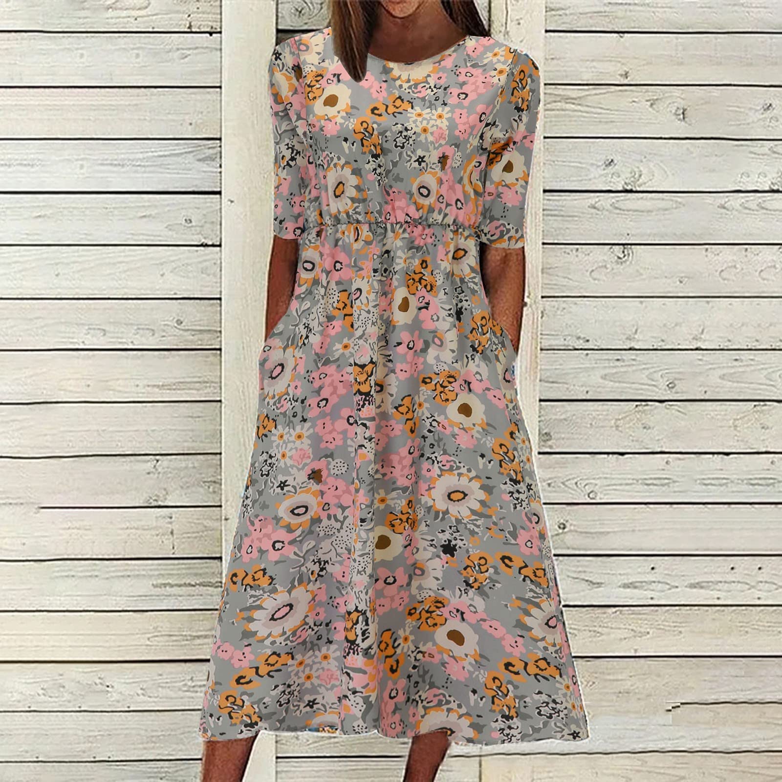 Abito da donna, casual, con motivo floreale bohémien, con tasche, maniche corte, lungo, estivo, da spiaggia