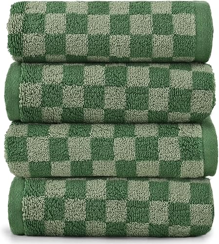 Jacquotha Paquete de 4 toallas de mano suaves, juego de toallas faciales a cuadros verdes para baño, toallas de cocina decorativas de secado rápido
