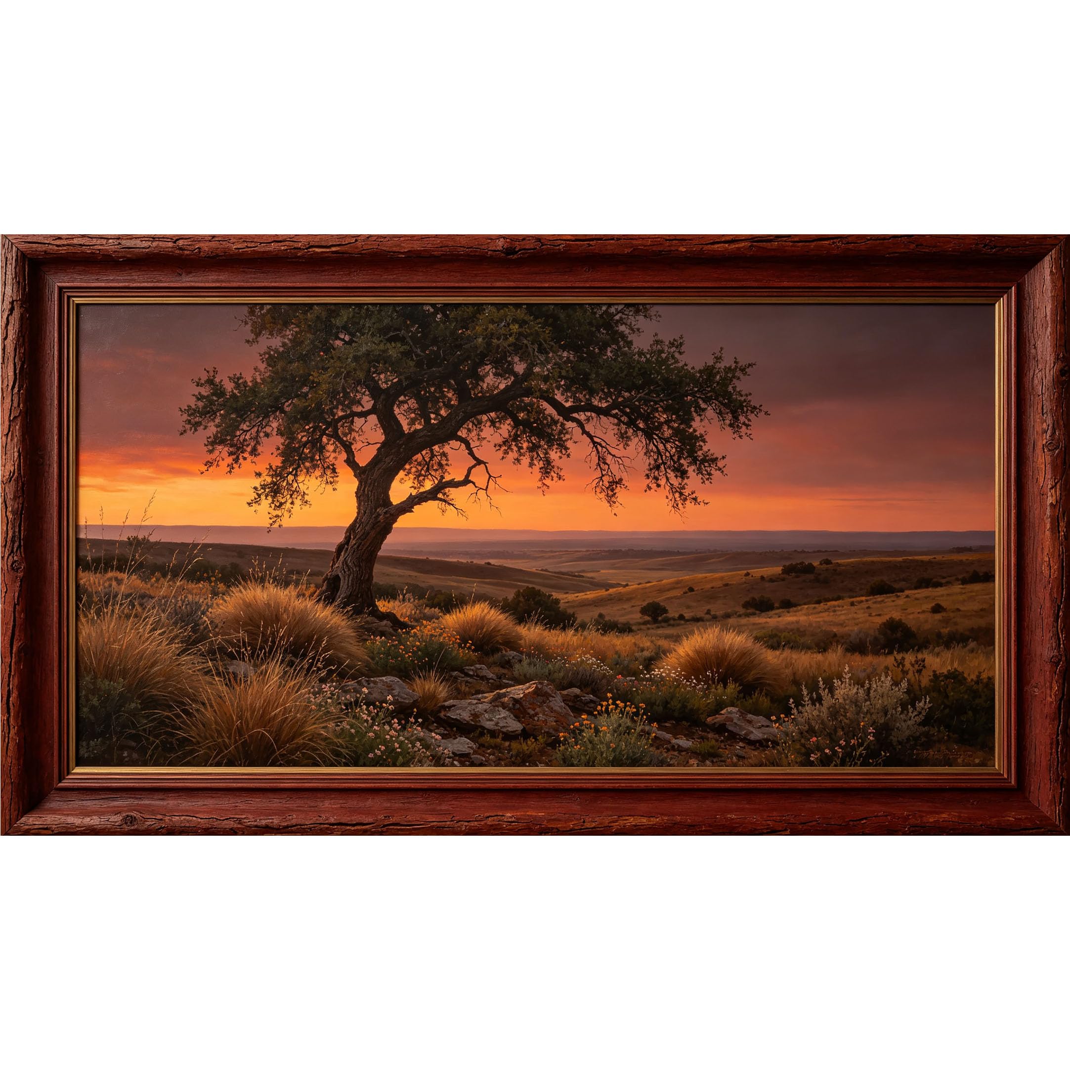 QZLITHOTIC 50x90cm3D Framed Wall Art， Sunset Landscape Tree Horizon Self‑Adhesive Mural， Water‑Activated Peel & Stick Fabric Decor Wall Decal for Bedroom Living Room