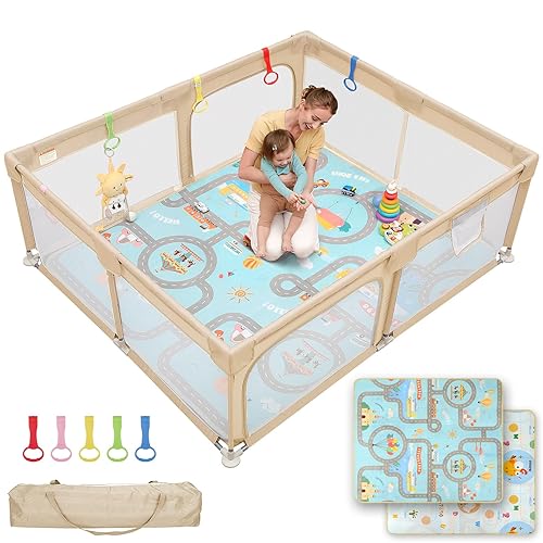Miniatura 21 de Dripex Corralito plegable para bebés y niños pequeños, corralito extragrande de 71 x 69 pulgadas, puerta de seguridad para interiores y exteriores,