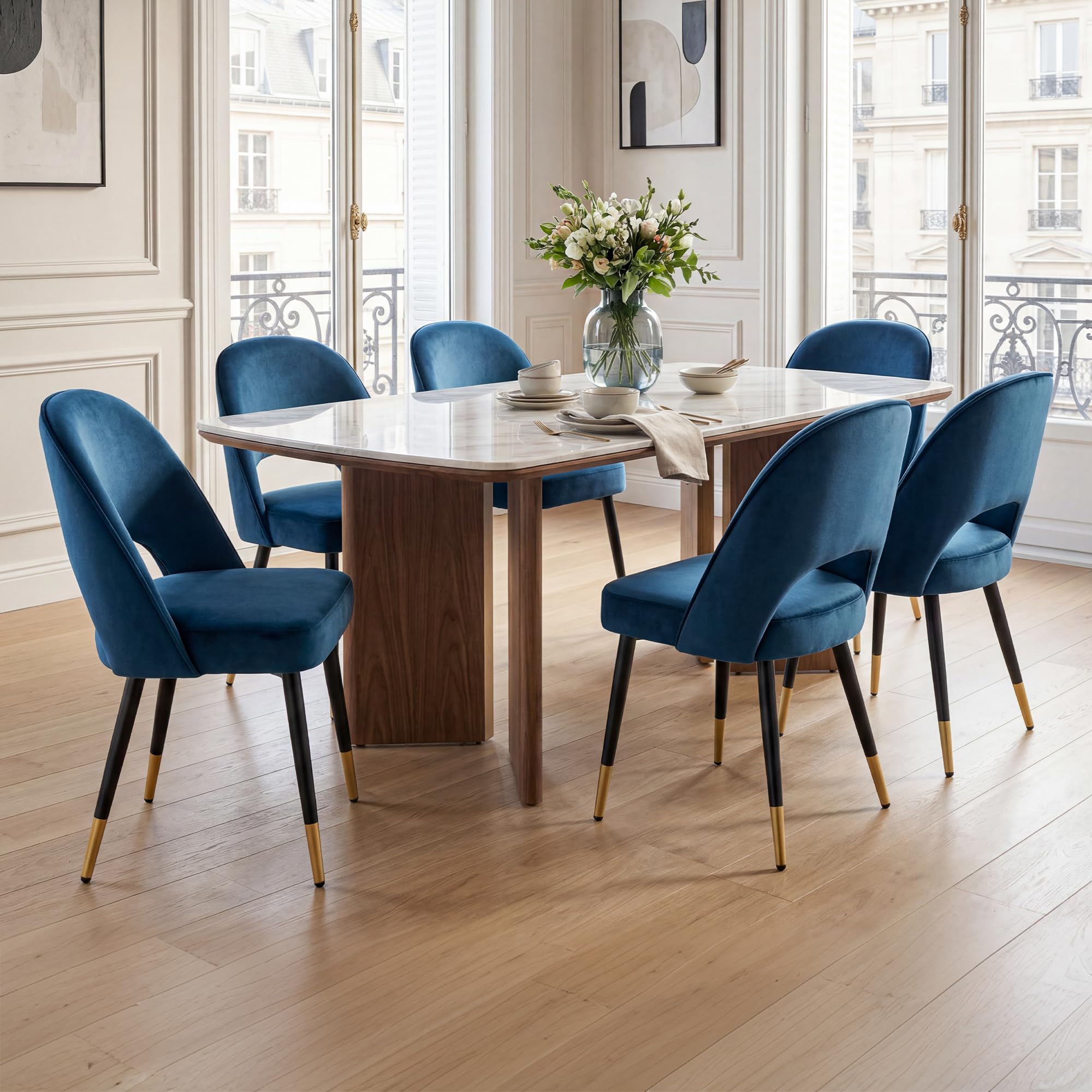 Ya-Home Set di 2 Sedie da Pranzo in Velluto con Gambe in Metallo, Blu | Sedia da pranzo moderna con gambe in metallo, sedia da cucina con cuscino imbottito e schienale design