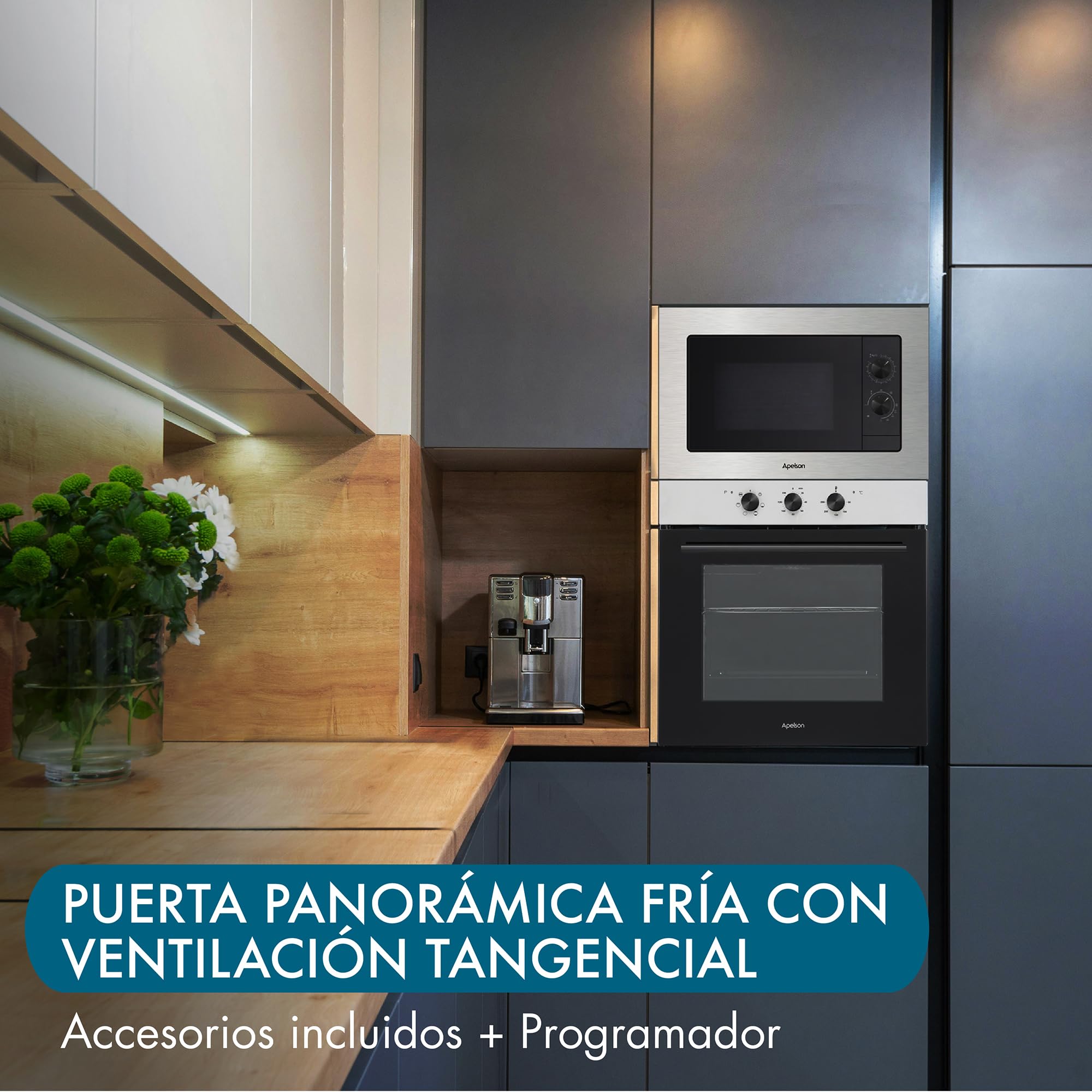 Apelson Horno Estático Multifunción AMS 5001 76L, 6 Funciones de Cocción, Puerta Fría Triple Cristal, Programador Mecánico con Paro Automático, Clase A, Acabado Inox y Cristal Negro,