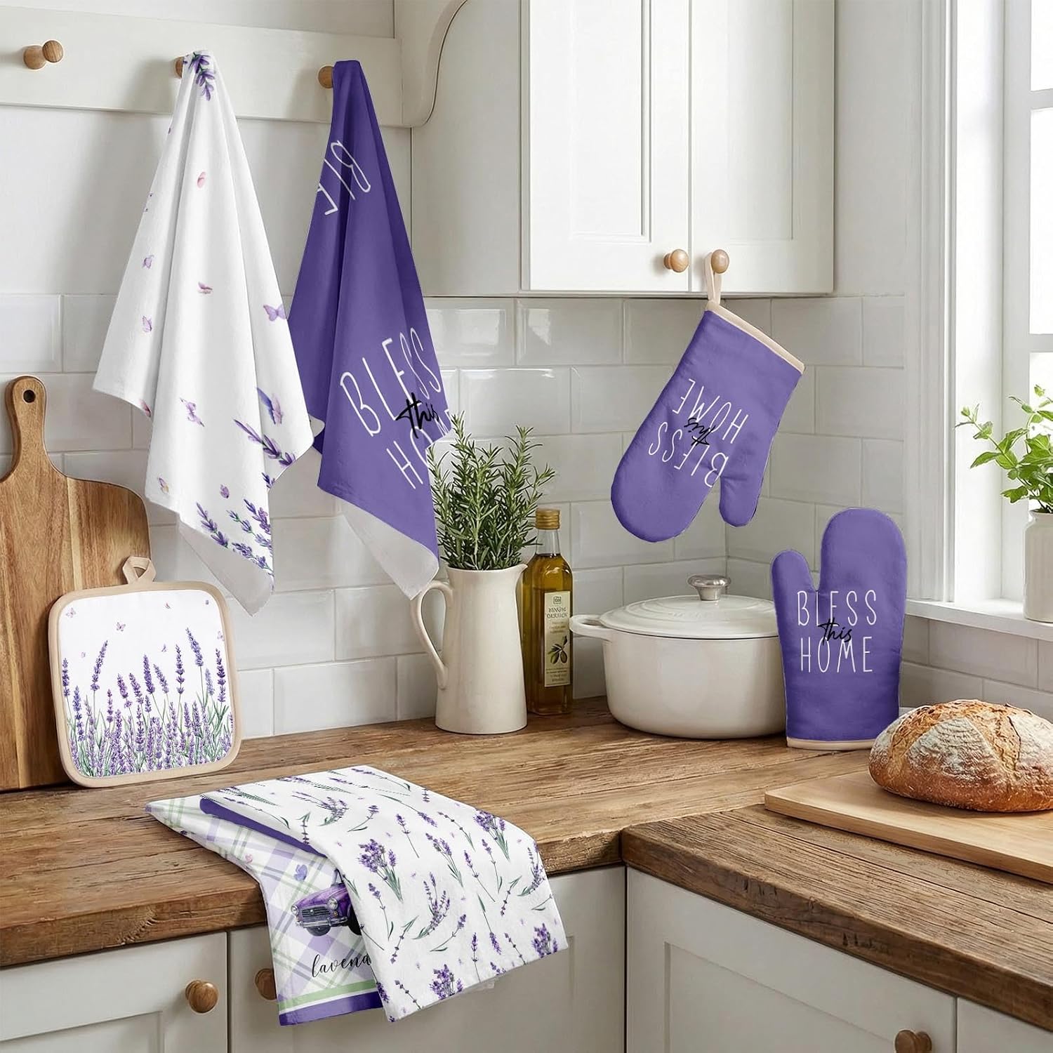 8 Pcs Purple Lavender Kitchen Towels Sets with Oven Mitts and Pot Holders Lavender Kitchen Decor Accessories Spring Floral Absorbent Microfiber Dish Towels Set with Pot Holders for Home Cooking Gift