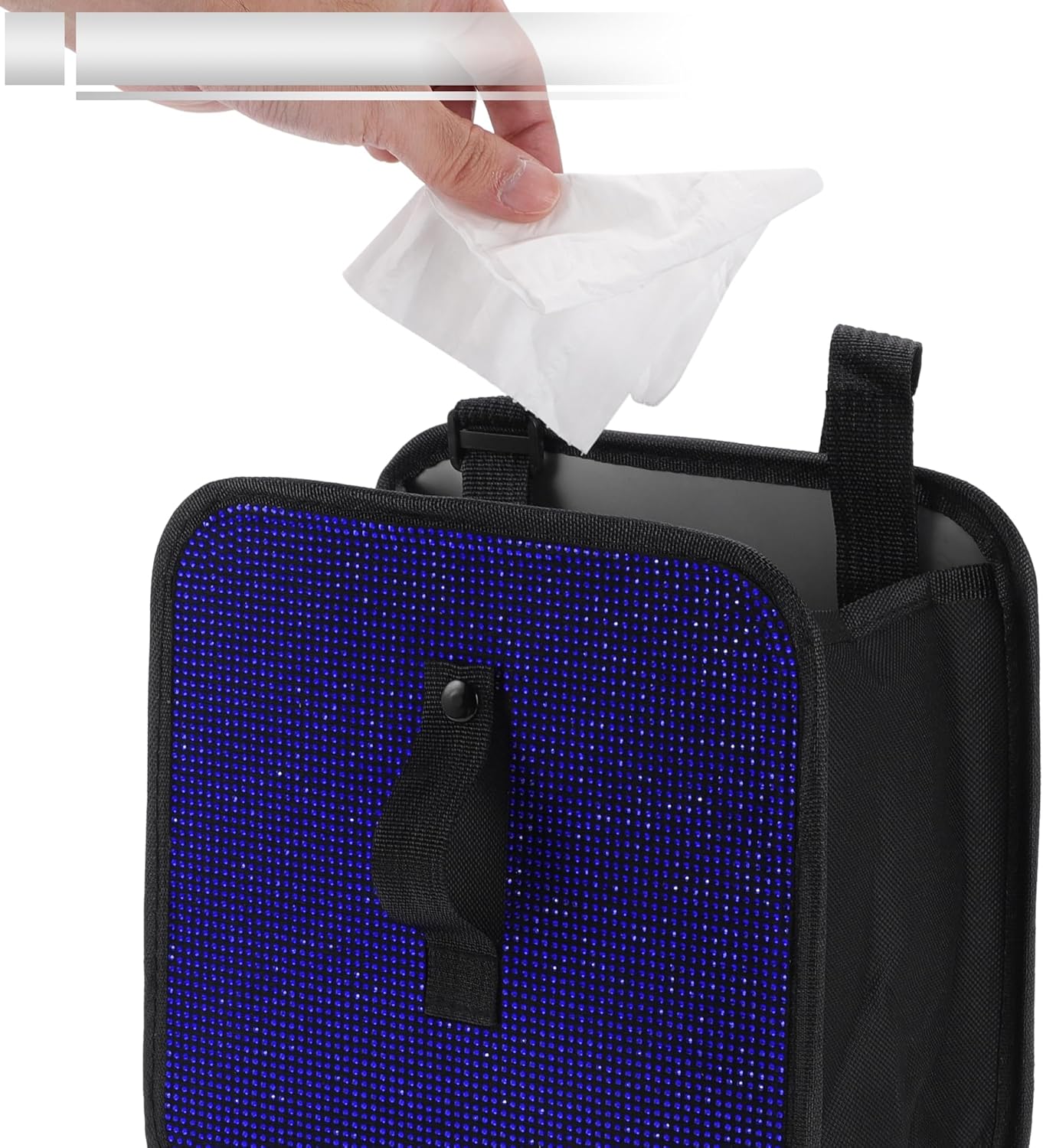 1 Pcs Universal Car Trash Can Hanging 9.1" Length 5.5" Width 9.1" Height Trash Bin Blue Black Fabric Rhinestone