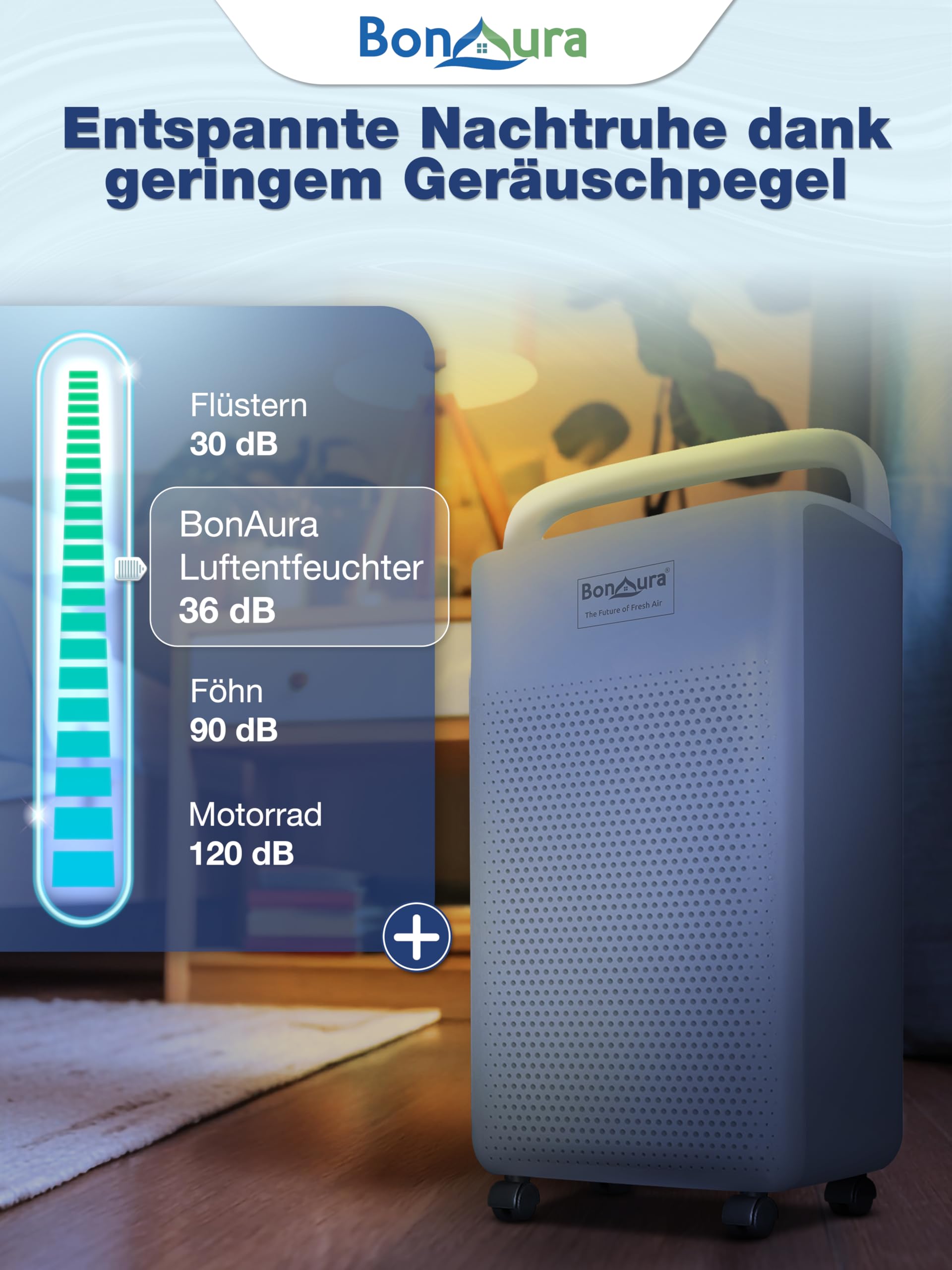 BonAura Elektryczny osuszacz powietrza 10 l – elektryczny i cichy (36 dB) z wyświetlaczem LED, timerem, trybem samochodowym, wężem drenażowym – osuszacz powietrza w piwnicy i pomieszczeniach do 40 m³