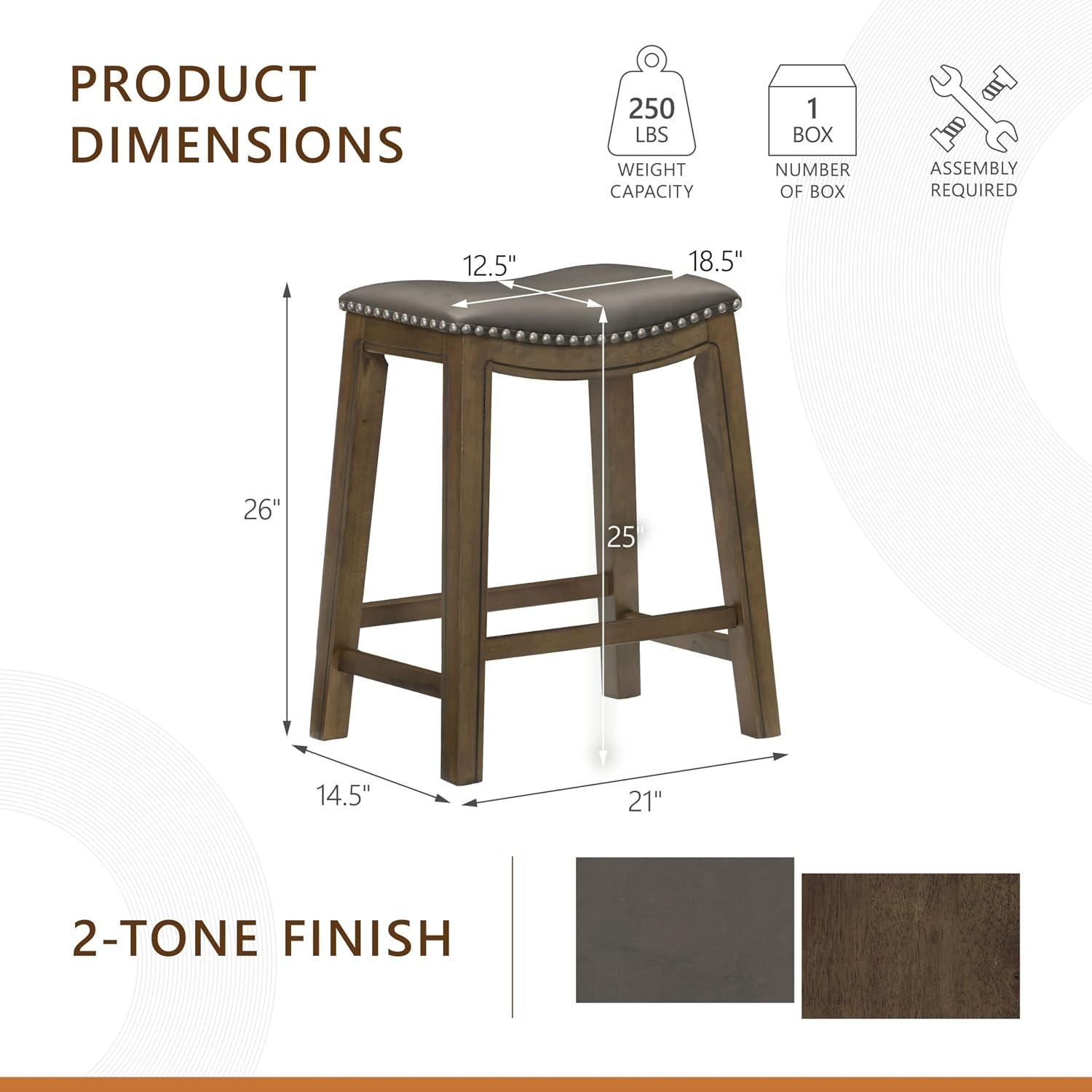 Lexicon Ordway Solid Wood Counter Height Stool - Saddle Kitchen Stool Counter Height Stools for Dining, Armless Chair Seating Options, Perfect for Casual Entertaining Spaces, 25" SH, Gray