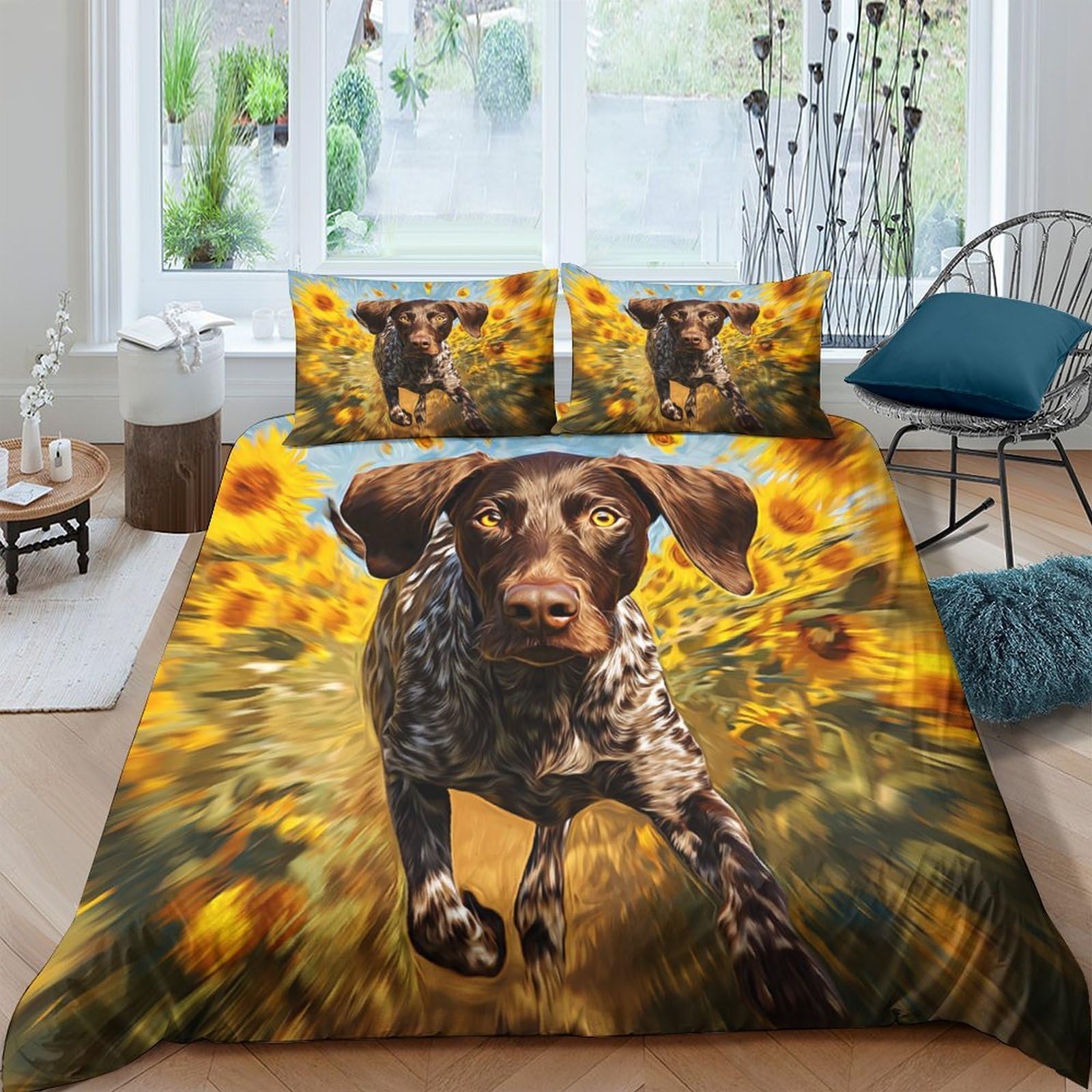 GPLZQXKJNH 3D Printed Sunflower Field Duvet Cover Microfiber Soft Floral Dog Bedding Set with 2 Pillowcases for Bedroom Decor, Single（135x200cm）