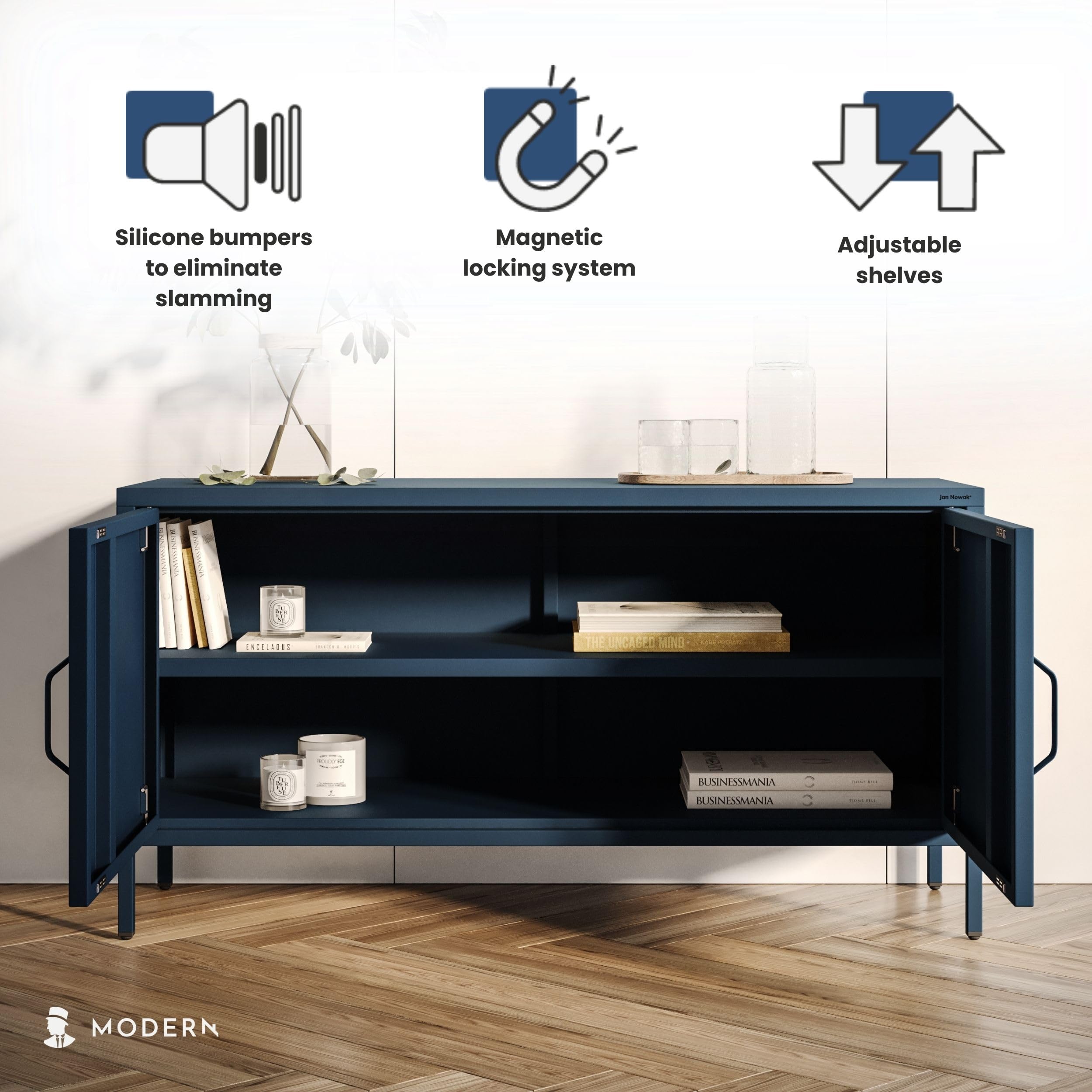 Jan Nowak TV Schrank, Fernsehschrank Metall - ROSA | TV Board Glitzernd für Wohnzimmer, Schlafzimmer | Industrial Loft Stil | Fernsehtisch mit Türen und Stauraum | 115 x 59,5 x 40 cm | Dunkelblau