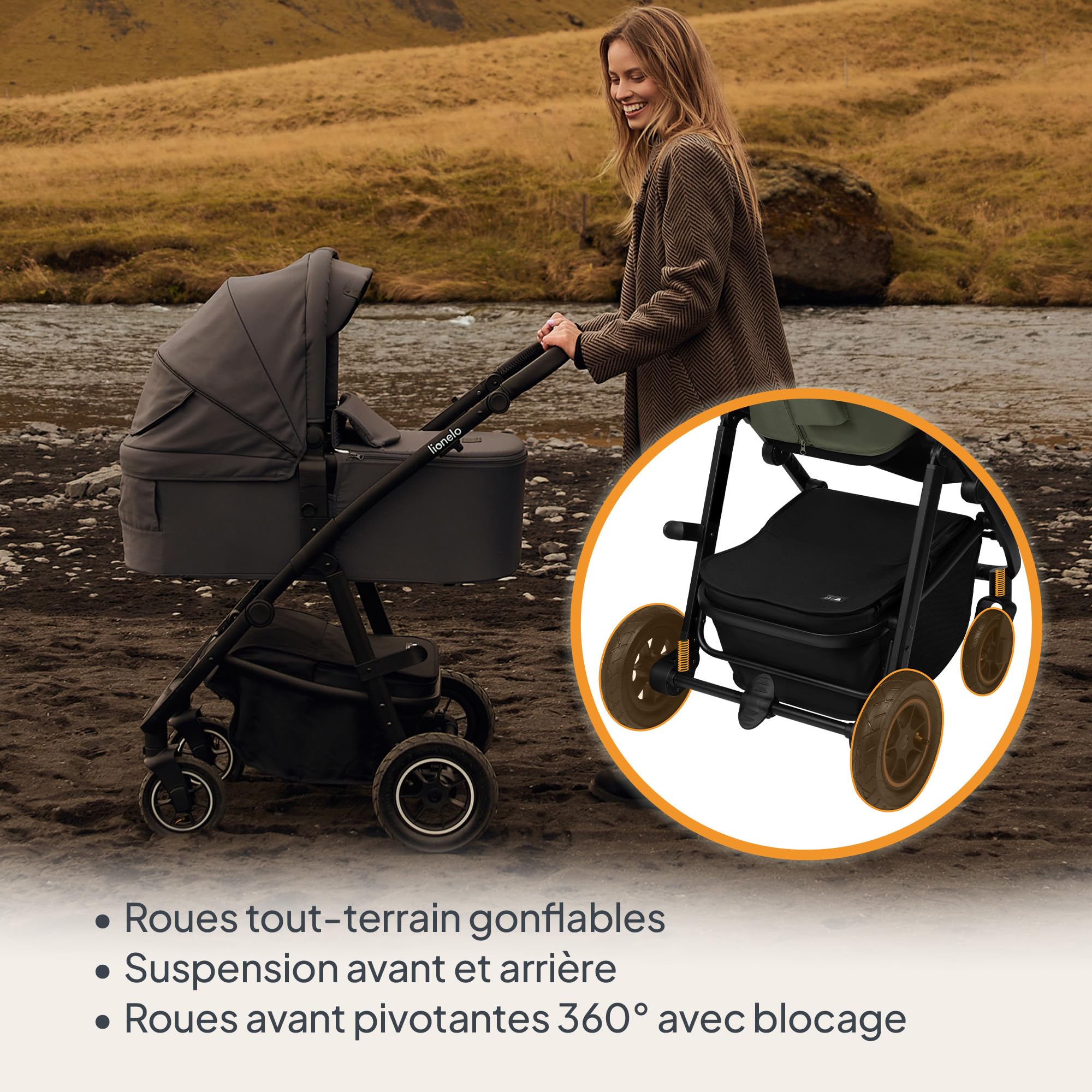 LIONELO Amber Plus - Poussette 2-en-1 0 à 4 ans jusqu'à 22 kg avec baignoire, dossier réglable, harnais 5 points, grandes roues 360o, housse XXL, landau (Green)