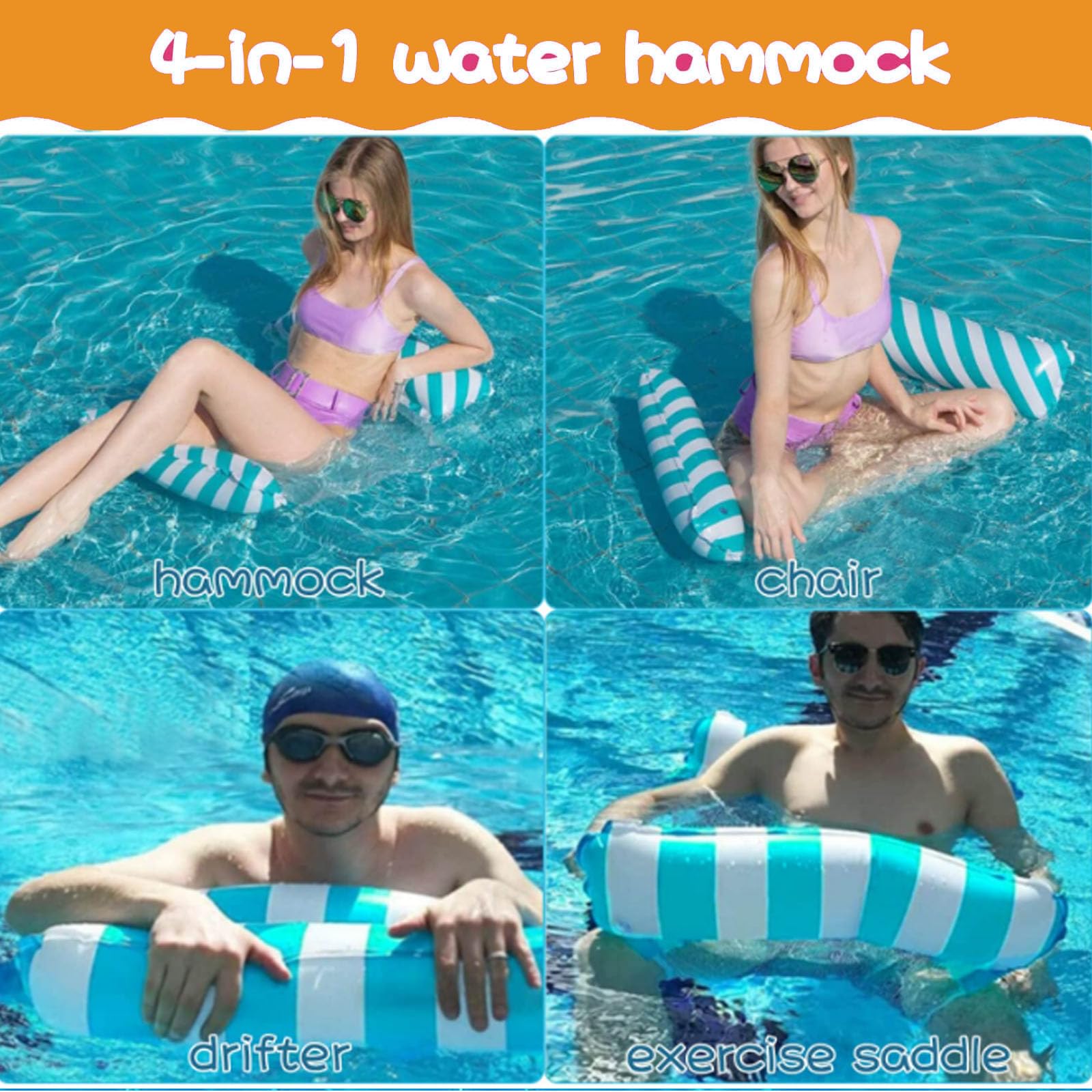 Hamak wodny – gruba wersja PCW, udźwig 100 kg, hamak 4 w 1, do basenu i na basen, w zestawie pompka ręczna (122 x 70 cm, 2 szt.)