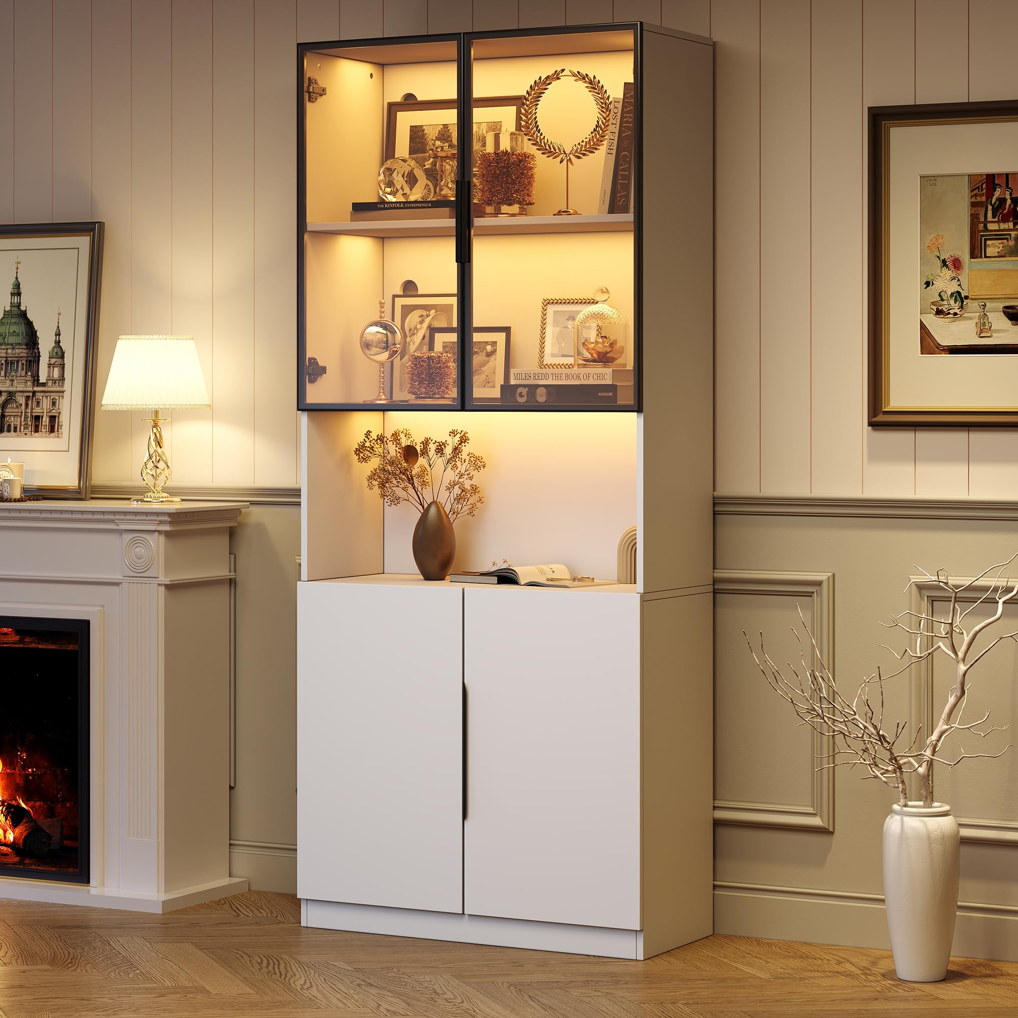 Vitrina de Cristal Armario de Vitrina con Iluminación LED 200 cm, Estantería Aparador con Estantes Ajustables y Puertas para Salon, Mueble Auxiliar Expositora para Comedor Dormitorio (Blanco)
