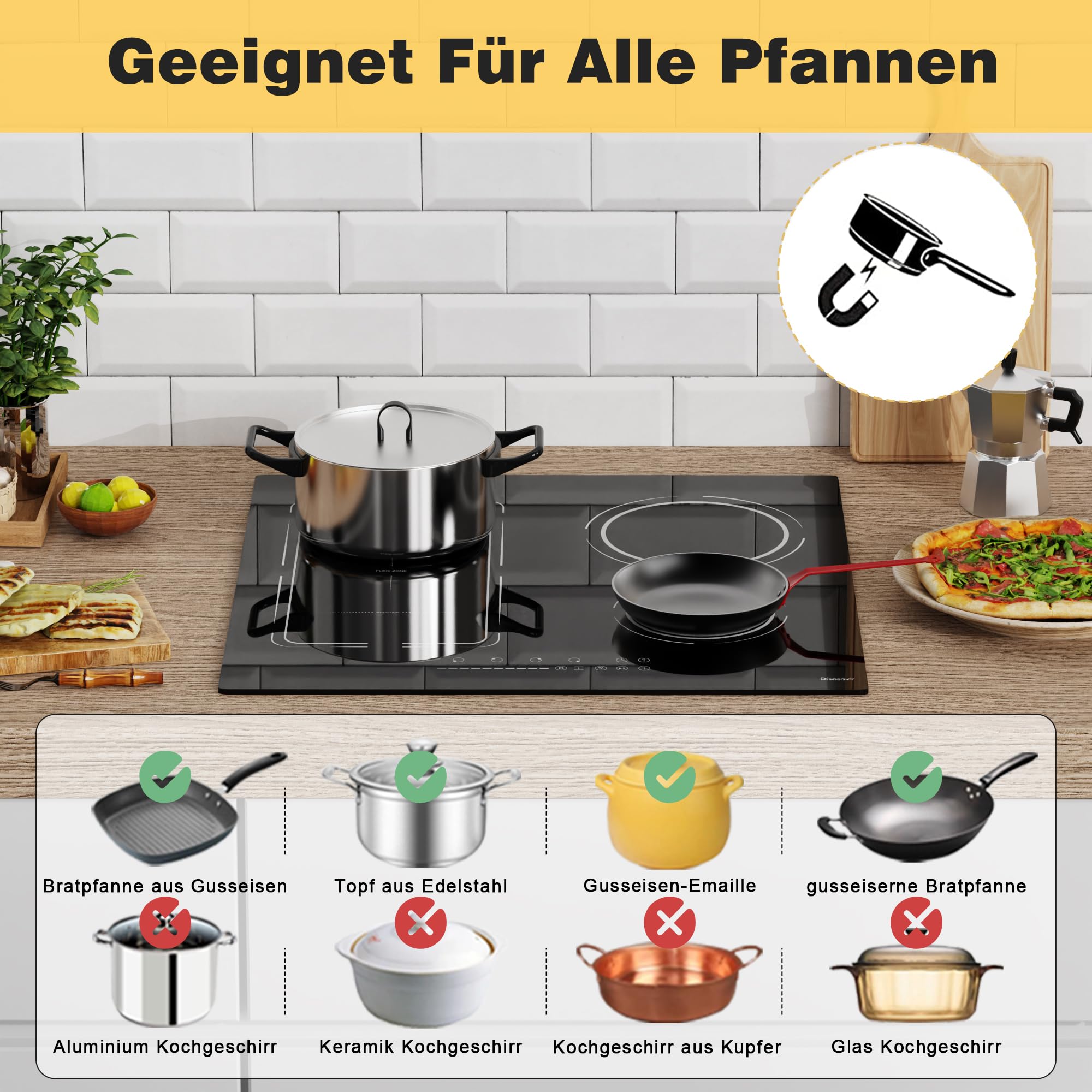 Induktionskochfeld 60 cm mit Stecker, Autark 4 Platten Einbau Kochfeld Induktion mit Flexzone, 3500W Induktionsherd mit Booster Timer Kindersicherung
