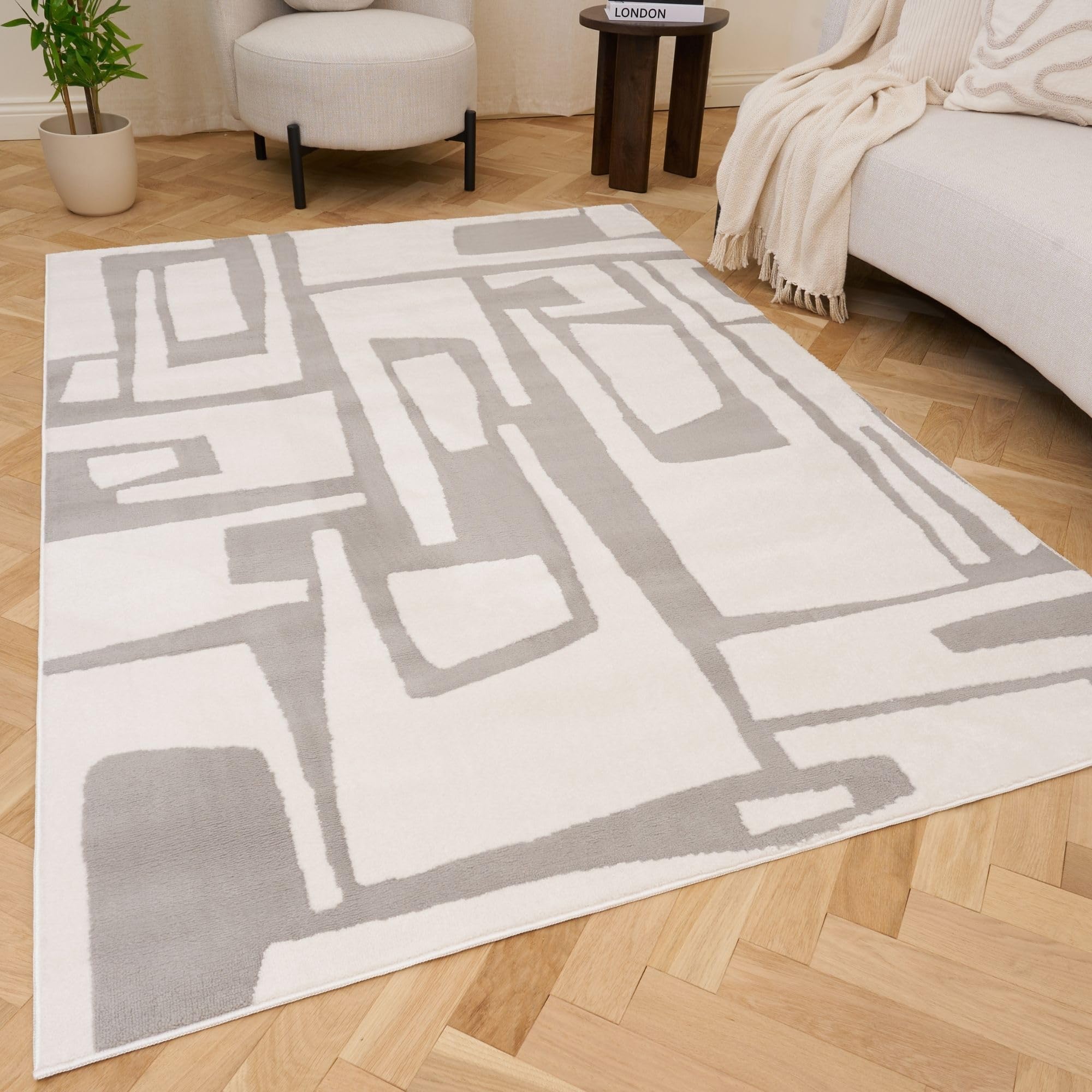 THE RUGS Living Room Rug, Loft Collection – Modern Textured 14mm Soft Pile Area Carpet, Non-Shedding & Easy Care [ Abstract Grey, 120x170 cm]