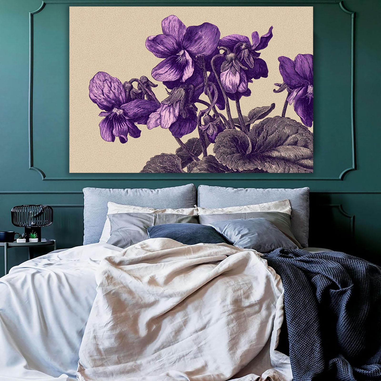 WUFIEA Semplice arte botanica Stampe su Canvas Disegno a tratteggio viola per Camera da Letto Agriturismo Soggiorno Bagno(Violetta)-40x60cm Incorniciato