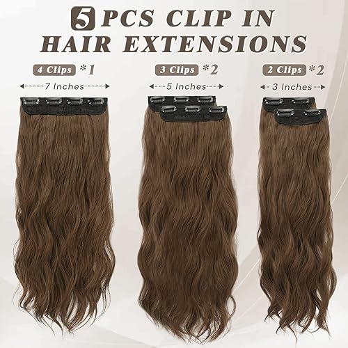 Miniatura 2 de BARSDAR Extensiones de cabello castaño con clip, extensiones de cabello ondulado de 20 pulgadas para mujer, 5 piezas de cabello sintético grueso y