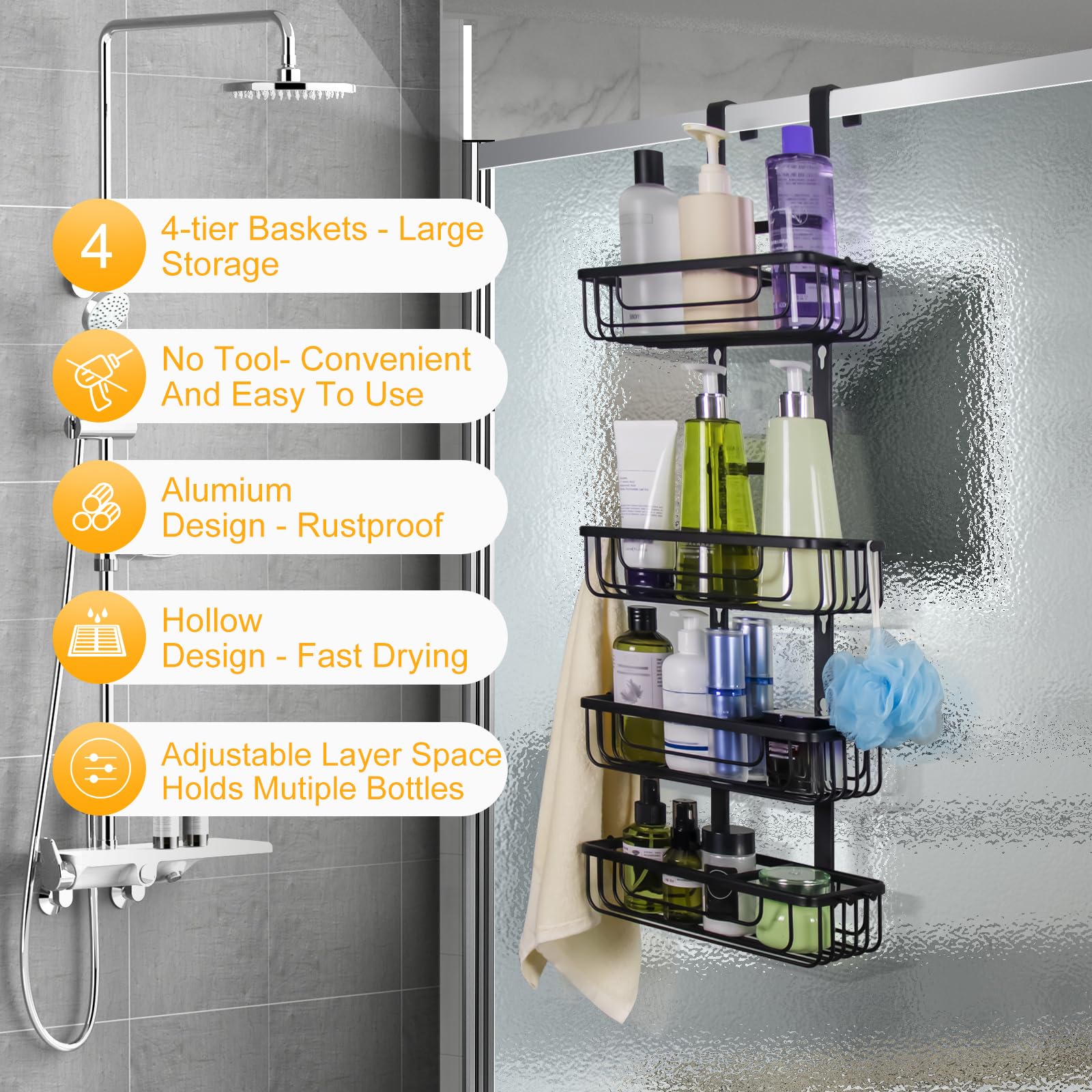 Duwee Estantería de Ducha Organizador para Colgar sobre la Puerta, 4 Niveles, Ajustable, con Gancho, Cesta de Almacenamiento a Prueba de Óxido, Sin Taladrar, para Champú, Gel de Ducha, Color Negro