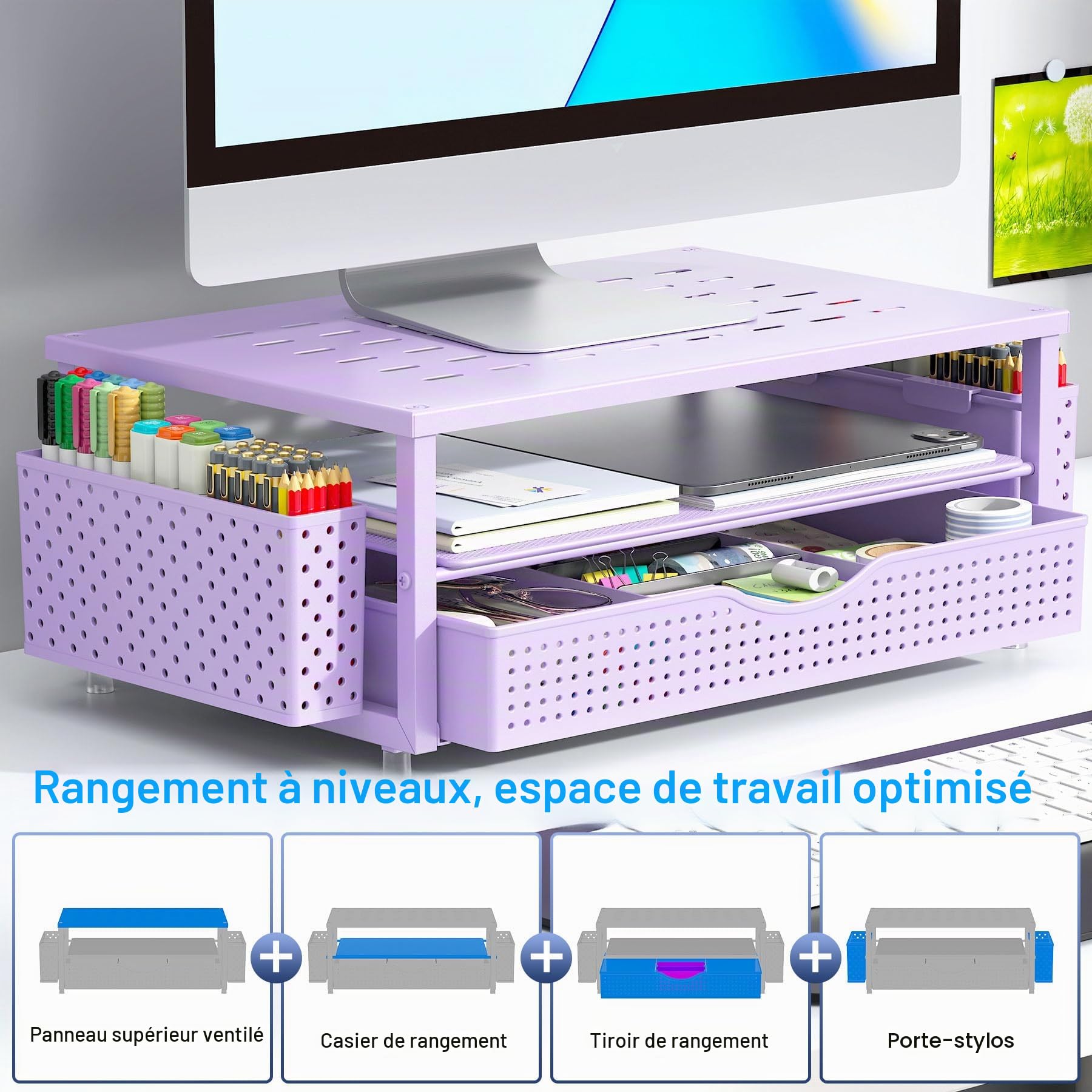 Gianotter Support de Moniteur avec Tiroir et Porte-stylos, Organisateur de Bureau Violet