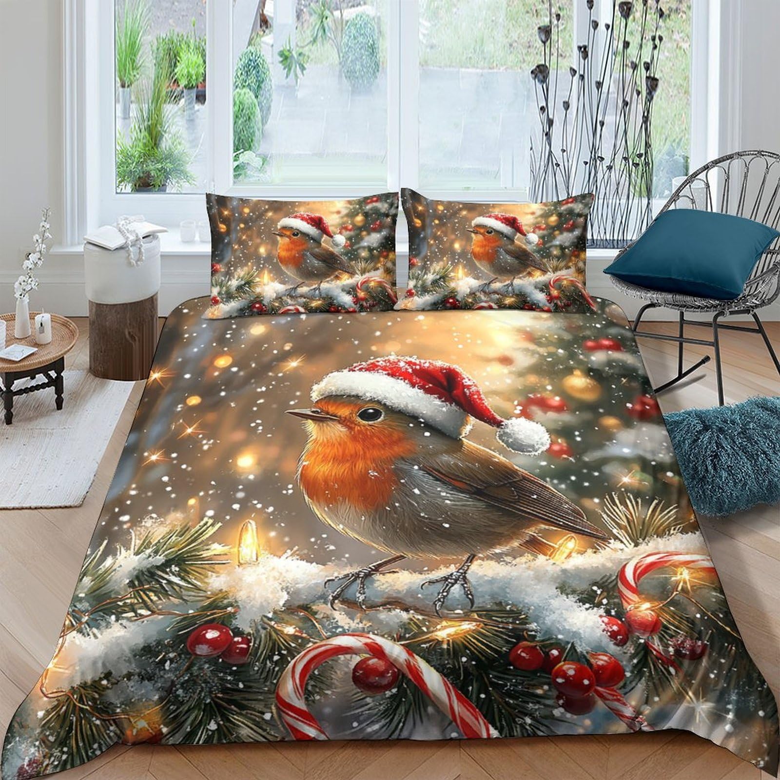 Ctjqhvkz Style-1 3D Printed Christmas Robin Fitted Sheet Microfiber Soft Festive Lights Bed Cover For Bedroom Guest Room Decor Single（135X200cm）