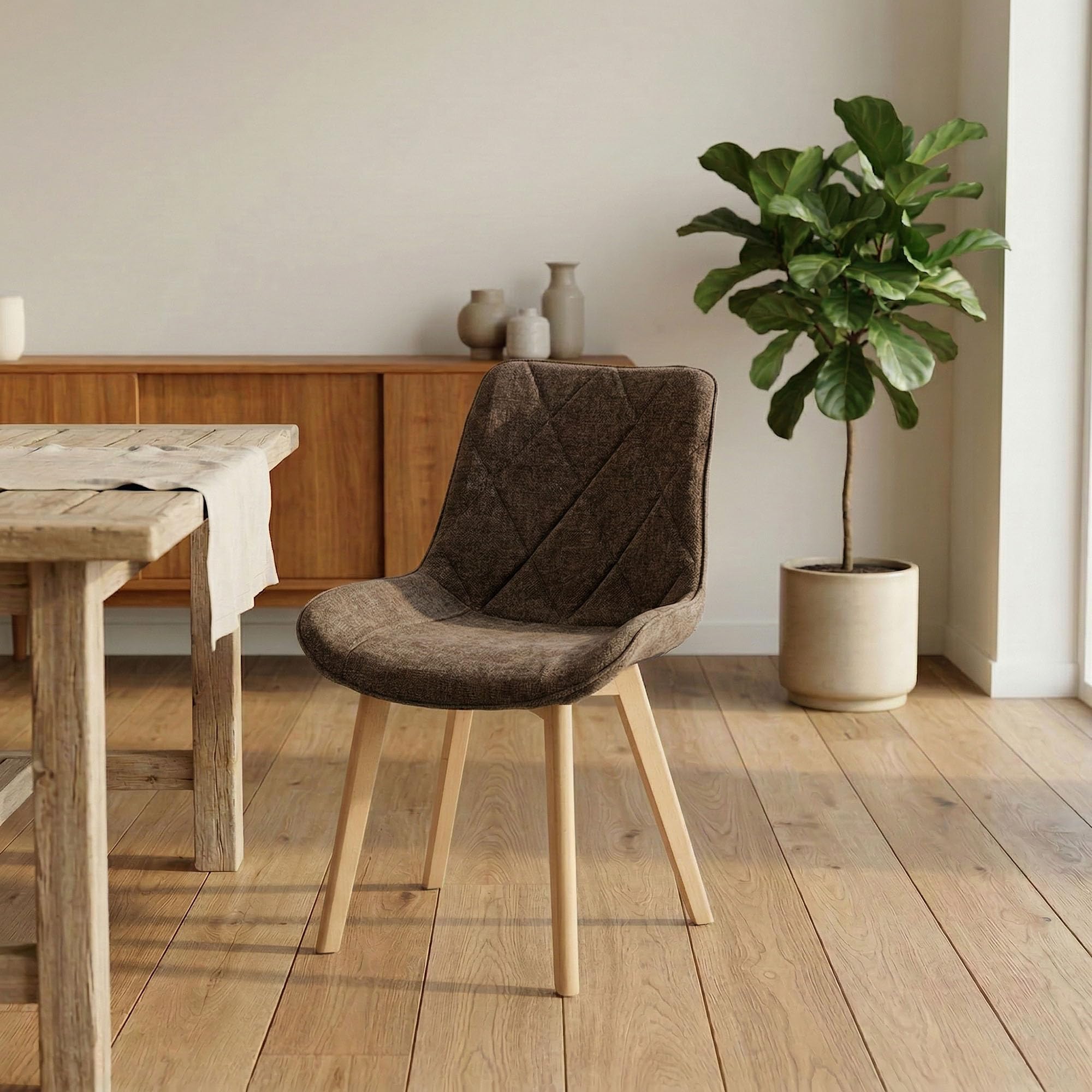 Juego de 4 sillas de Comedor tapizadas de Lino con Patas de Madera Maciza, sillas de Cocina para Sala de Estar, Oficina, recepción, Dormitorio, Color marrón
