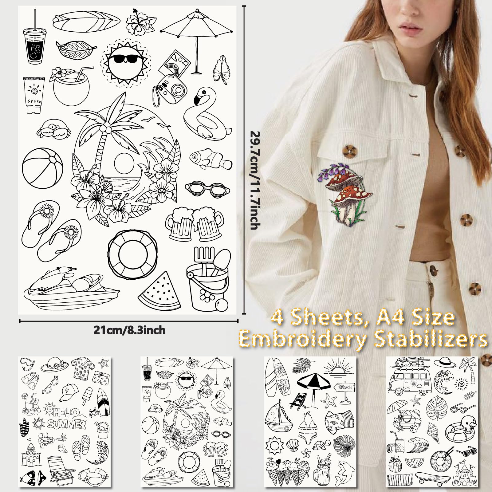 CRASPIRE 82Pcs Summer Beach Water Soluble Embroidery Stabilizers Patterns Sea Shell Hand Sewing Stick and Stitch A4 Transfers Fabric Wash Away Pre-Printed Self Adhesive for Cloth Sewing Lovers