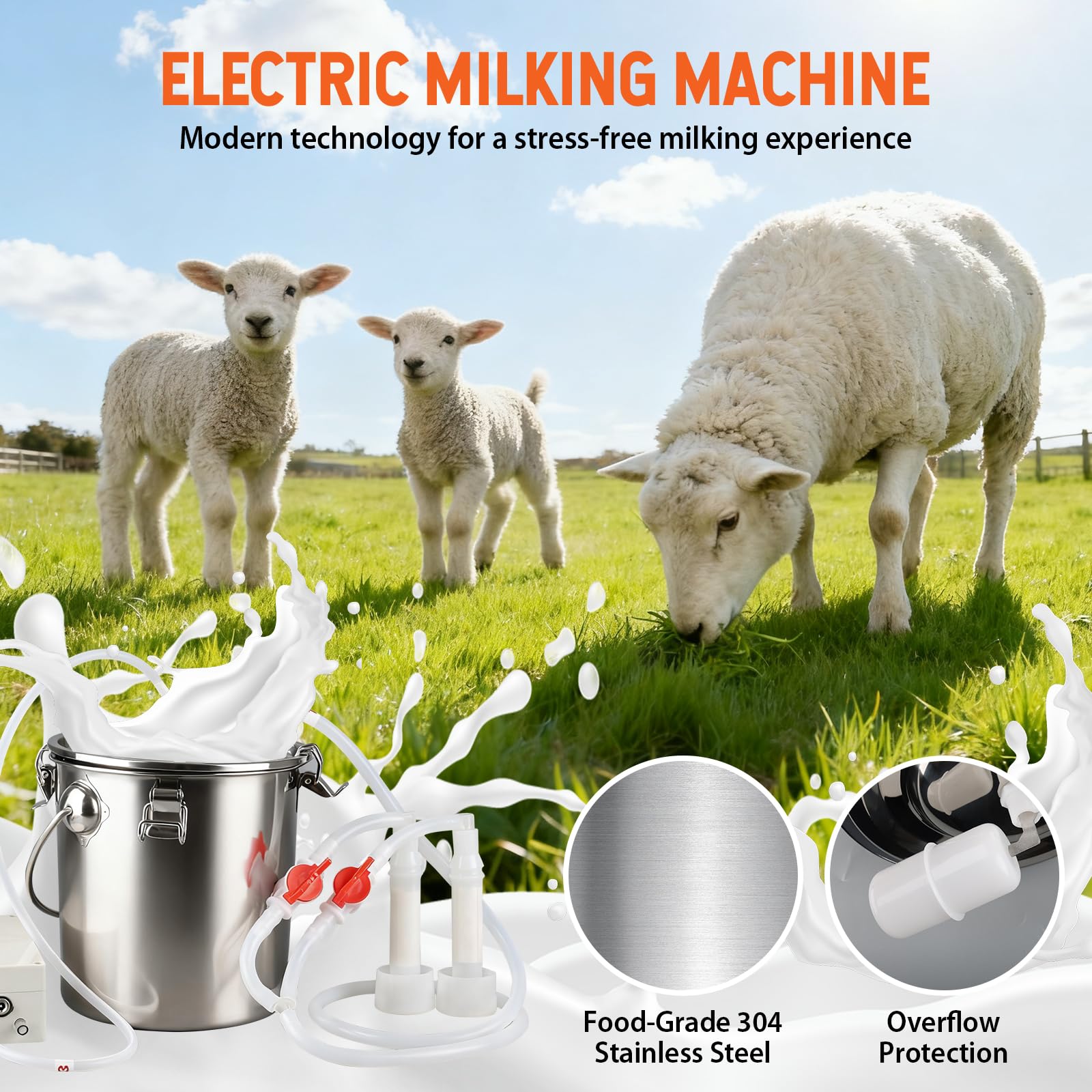 Elektrische Melkmaschine für Schafe, 5L Ziegenmelkmaschine, Vakuumpumpe Melker Eimer Fass Tank, Edelstahlmilchmaschine Saugimpuls Melker für Schafkühe Ziege
