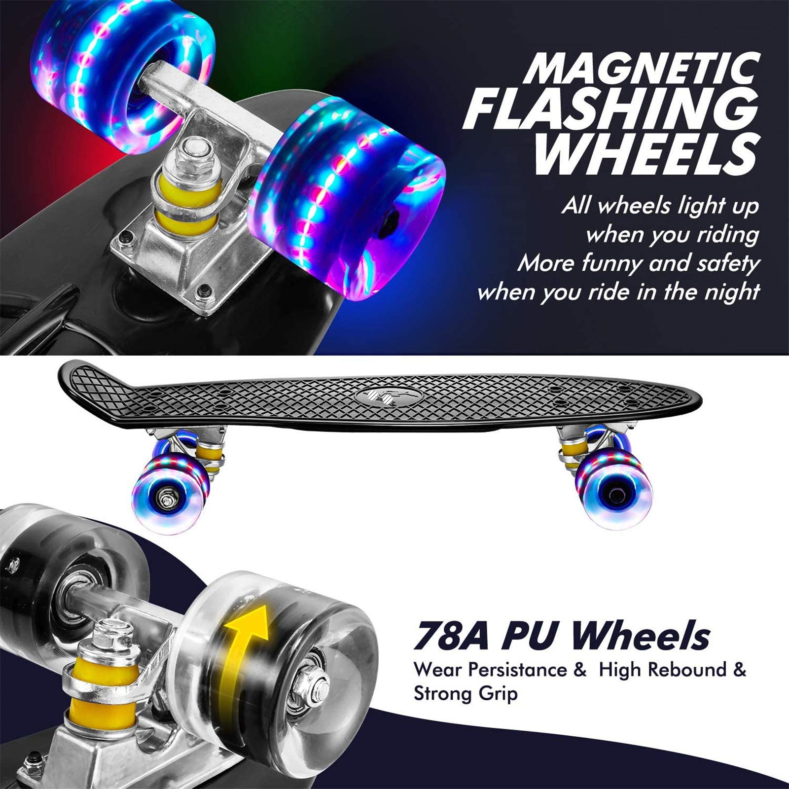 Skateboard Complet Mini Cruiser Planche À roulettes en Plastique 22 Pouces pour Enfants Garçons Filles Débutants Adolescents Adultes, LED Light Up Wheels avec Roulements Et Tout-en-Un Skate T-Tool