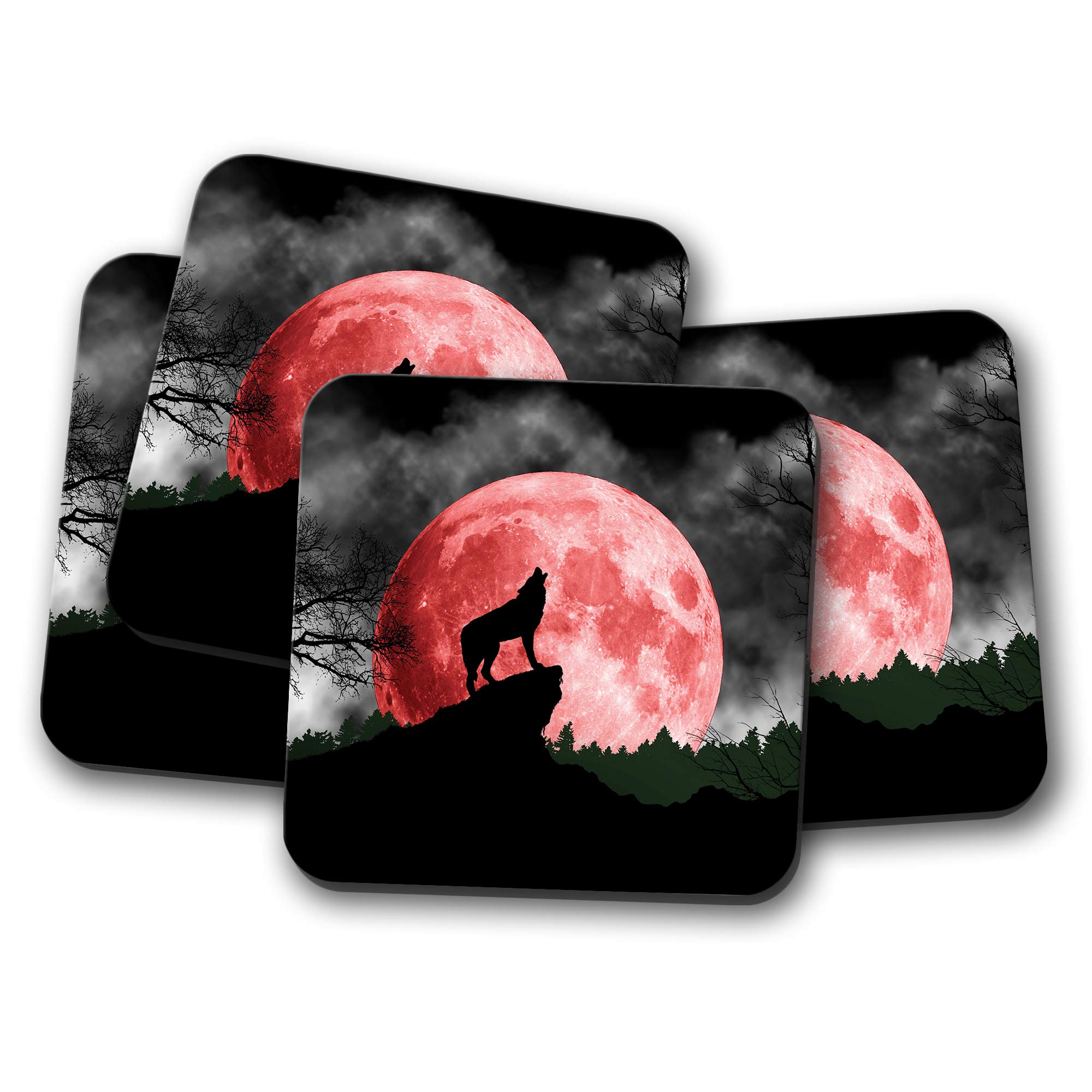 Destinationvinyl Multicolor 4 Set - Howling Wolf Coaster - Moon Wolves Dog Animal Night #8850