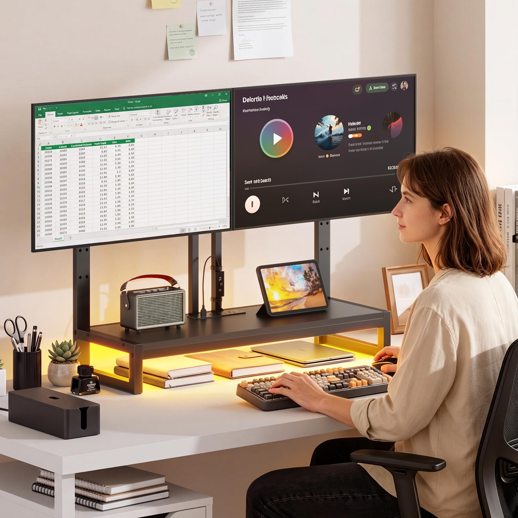 YAOHUOO Brazo de monitor con LED, soporte ajustable para monitor de escritorio para 3 pantallas, elevador de soporte completo resistente con abrazadera, estante de almacenamiento para oficina, sala de