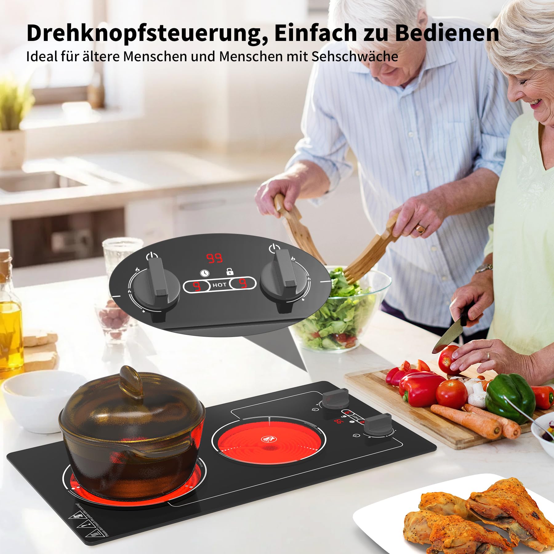 VBGK Cerankochfeld 2 Platten mit Stecker, 220V 3000W Glaskeramikkochfeld, 9 Leistungsstufen, Kindersicherung & Timer, Überhitzungsschutz, Drehknopf und Touch-Bedienung, Herdplatte 2 Kochfelder