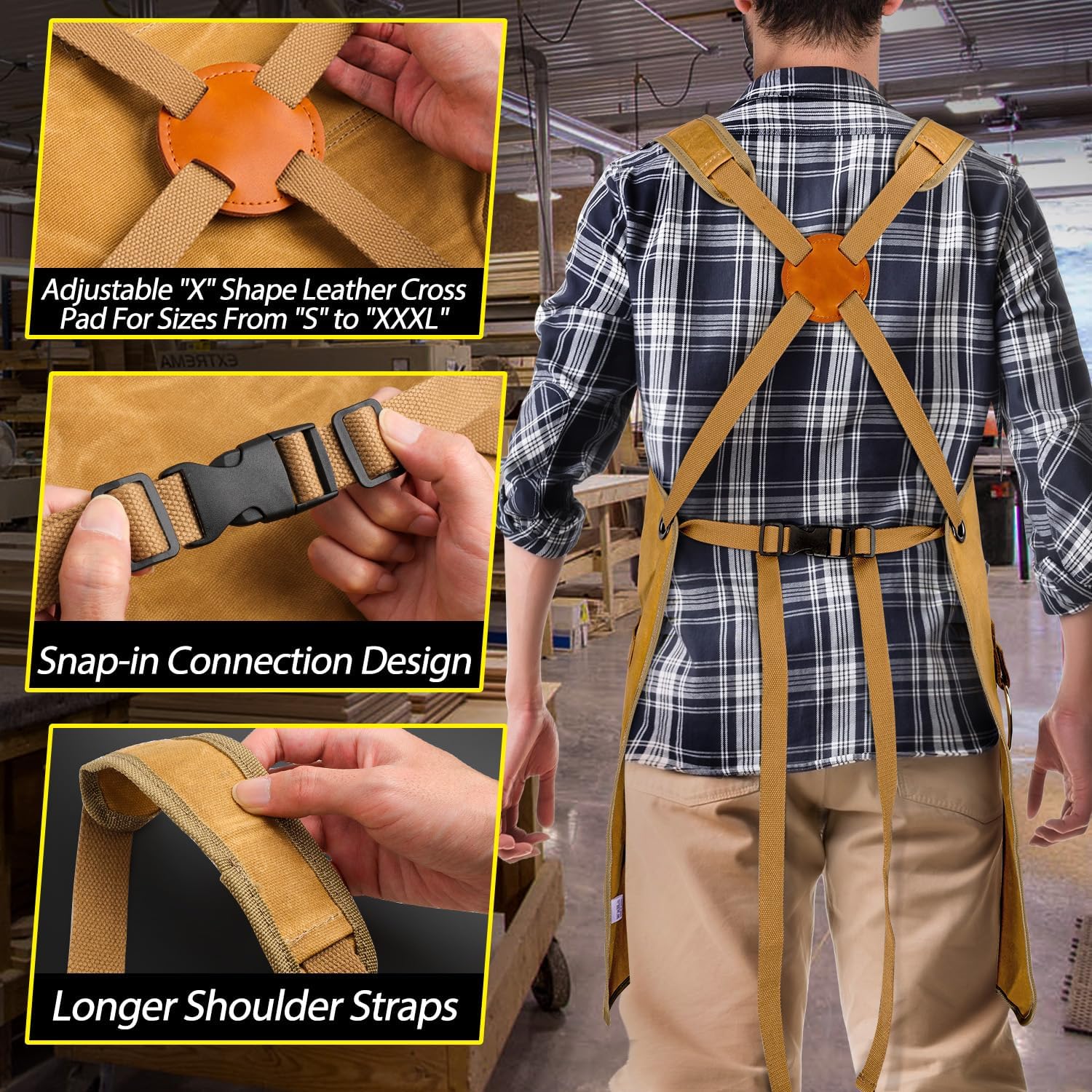 Woodworking Apron for Men, Shop Apron 20 oz Canvas Work Apron with 9 Tool Pockets, Heavy Duty Wood Working Workshop Bib Apron for Carpenter Woodworker Blacksmith, Men Gift, Adjustable to S- 3XL, Khaki - Image 5