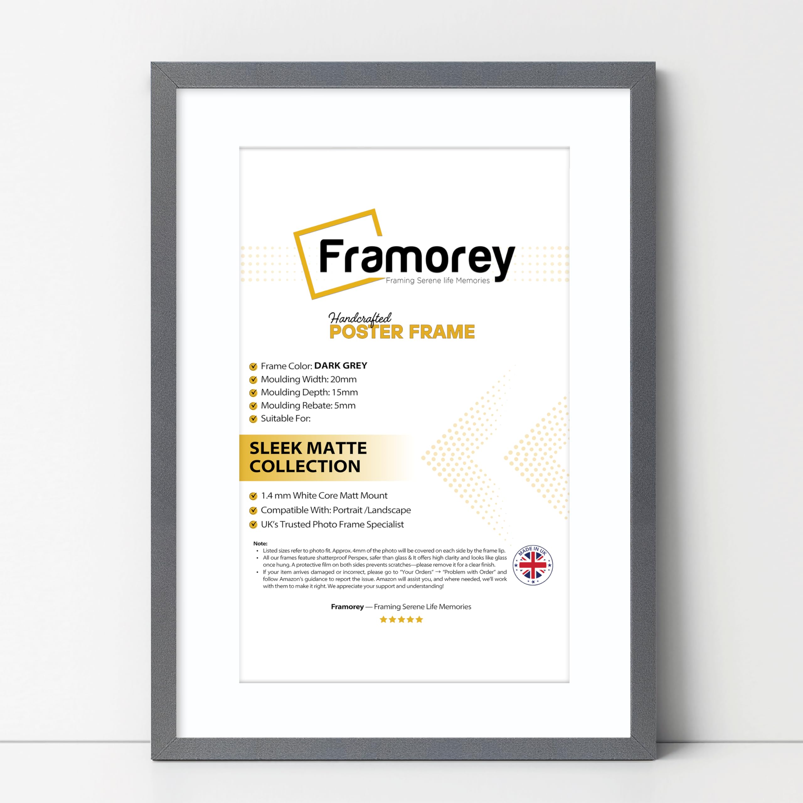 FRAMOREY Thin Matt Dark Grey Photo Frames 14x11" Size Picture Frames With 12x8" Size White Mount, Flat Wooden Effect Photo Frames, Home Décor Frame, Wall Art Poster Frame